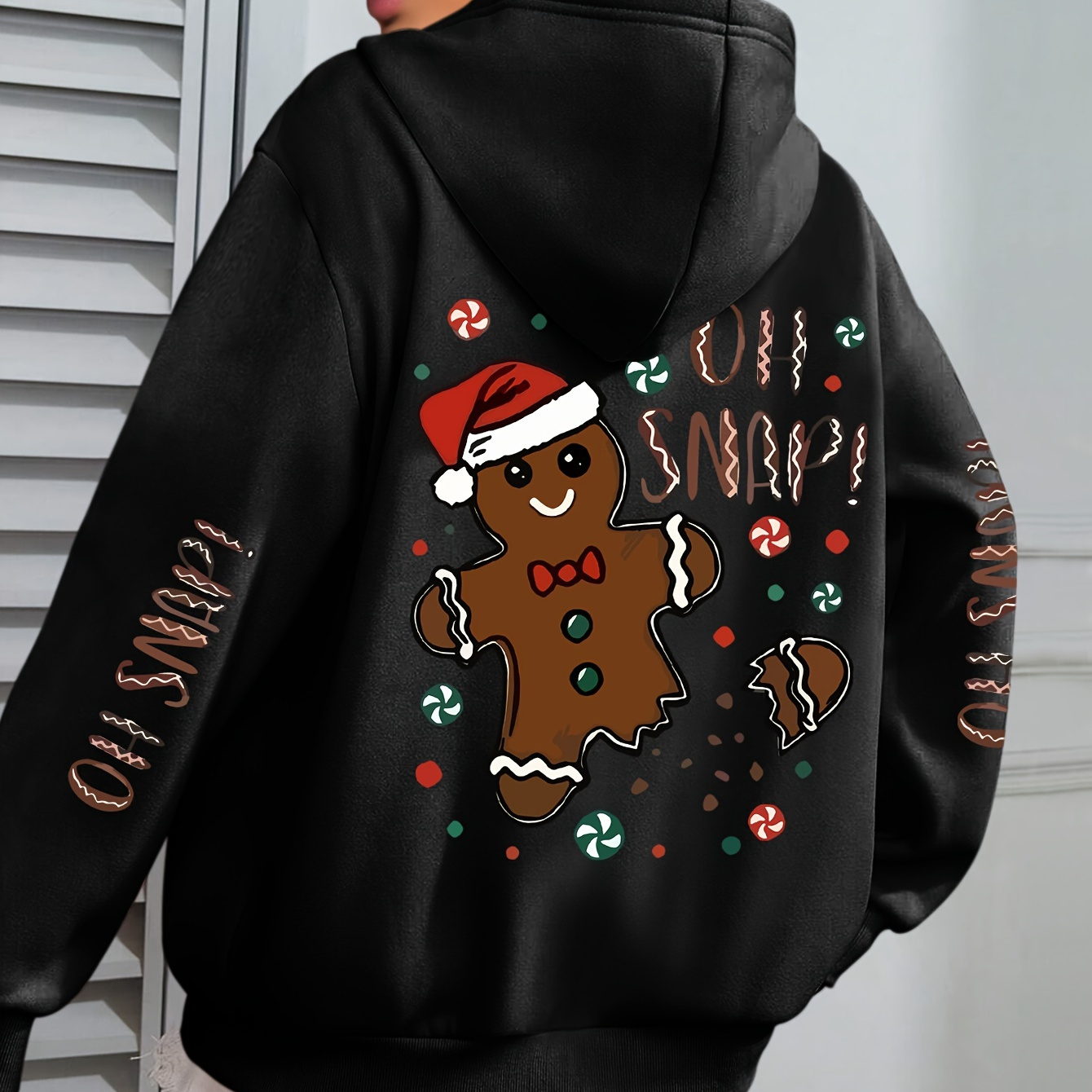 

Women's Plus Size Christmas Hoodie - Cozy Polyester, Cartoon Cookie Print, Long Sleeve With Pockets, Casual Pullover For Fall & Winter