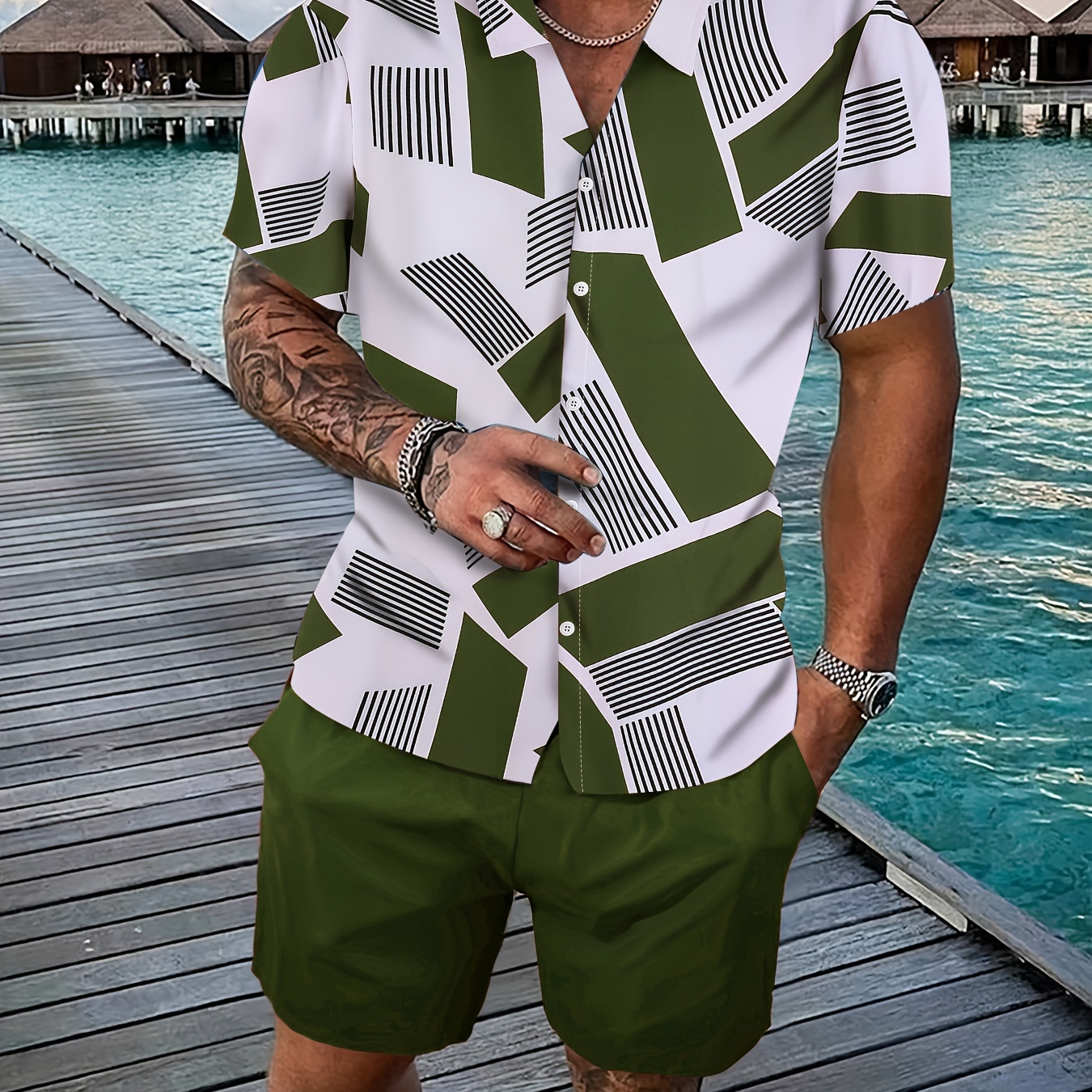 

Men's Geometric Pattern Print Collar Short Sleeve Shirt And Solid Color Shorts Casual Two-piece Set