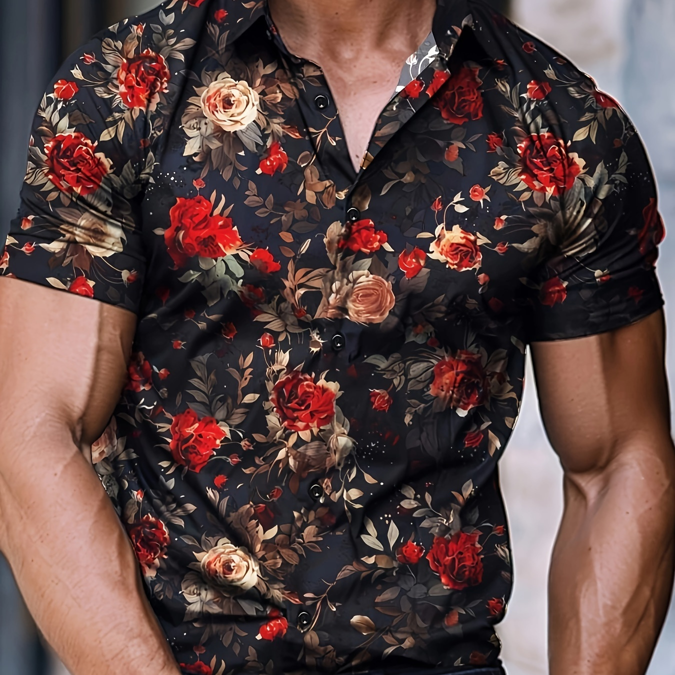 

Men's Flowers Pattern Allover Print Short Sleeve Lapel Shirt Top, Male Casual Button Up Shirt For Summer Daily Wear And Vacation Resorts