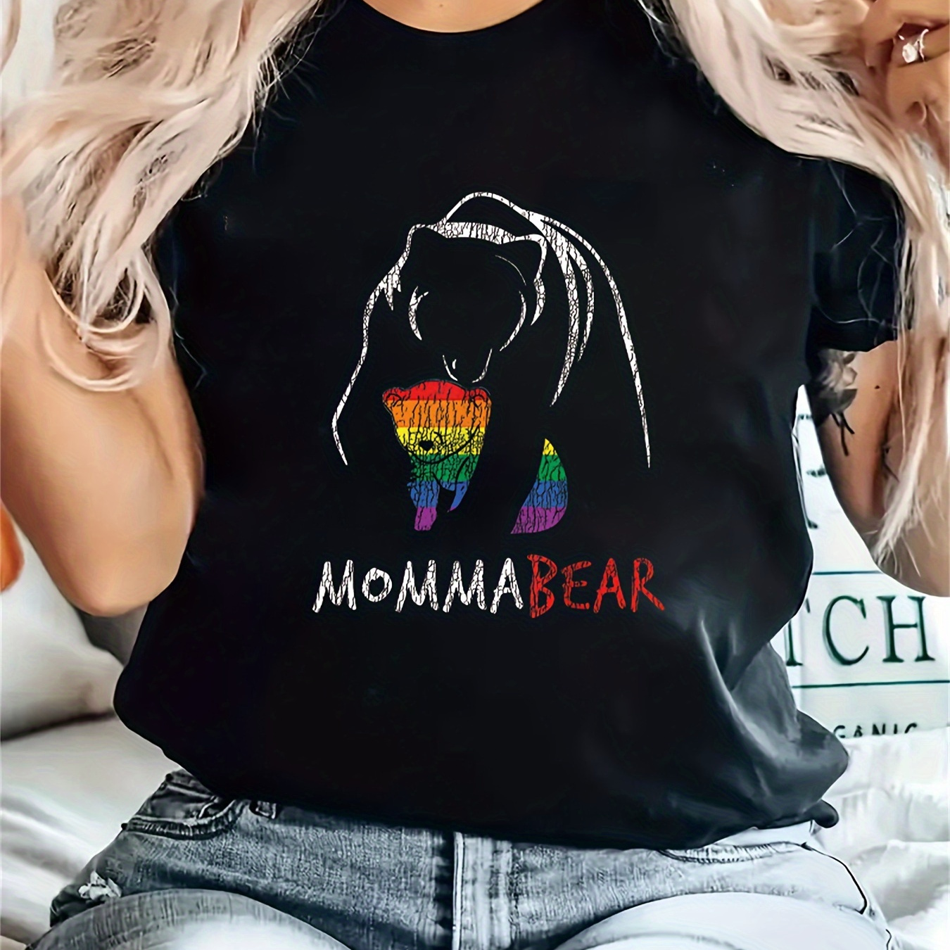 

Mama Bear Print Crew Neck T-shirt, Short Sleeve Casual Top For Summer & Spring, Women's Clothing