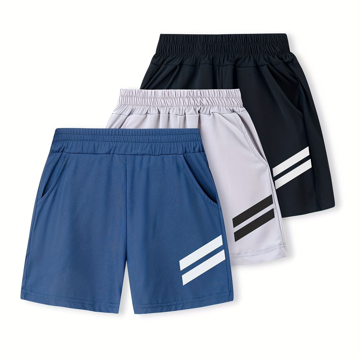 

3pcs Boy's Casual Striped Sports Shorts, Elastic Waist Loose Breathable Shorts, Summer Outdoor Running Basketball Wear