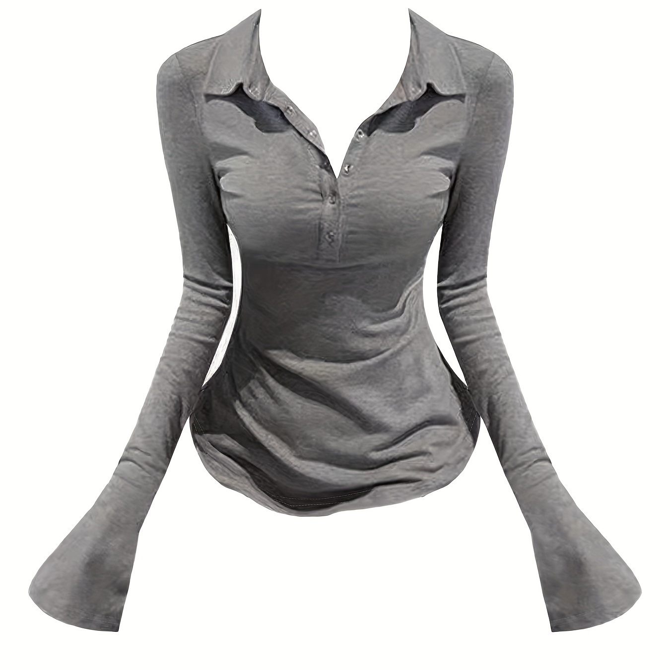 

Women's Y2k Fashion T-shirt, Solid Color Polyester Knit Fabric, Long Sleeve With Slit And Flared Cuffs, Comfortable Slim For Fall/winter, 95% Polyester 5% Spandex, Lapel Collar - 200g/m²