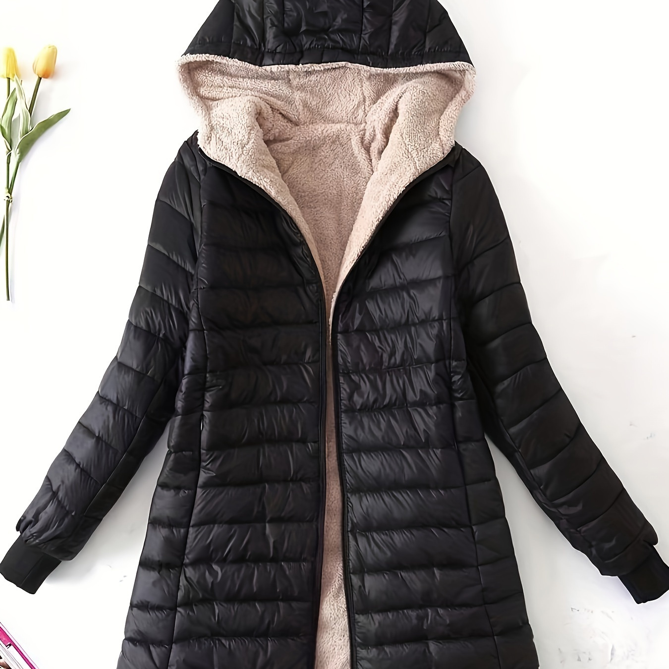 

1pc Women's Casual Midi Puffer Jacket With Hood, Long Sleeve, Solid Color, Polyester, Zipper Detail, Warm Fleece , Regular Sleeve, Woven - Autumn/winter Collection