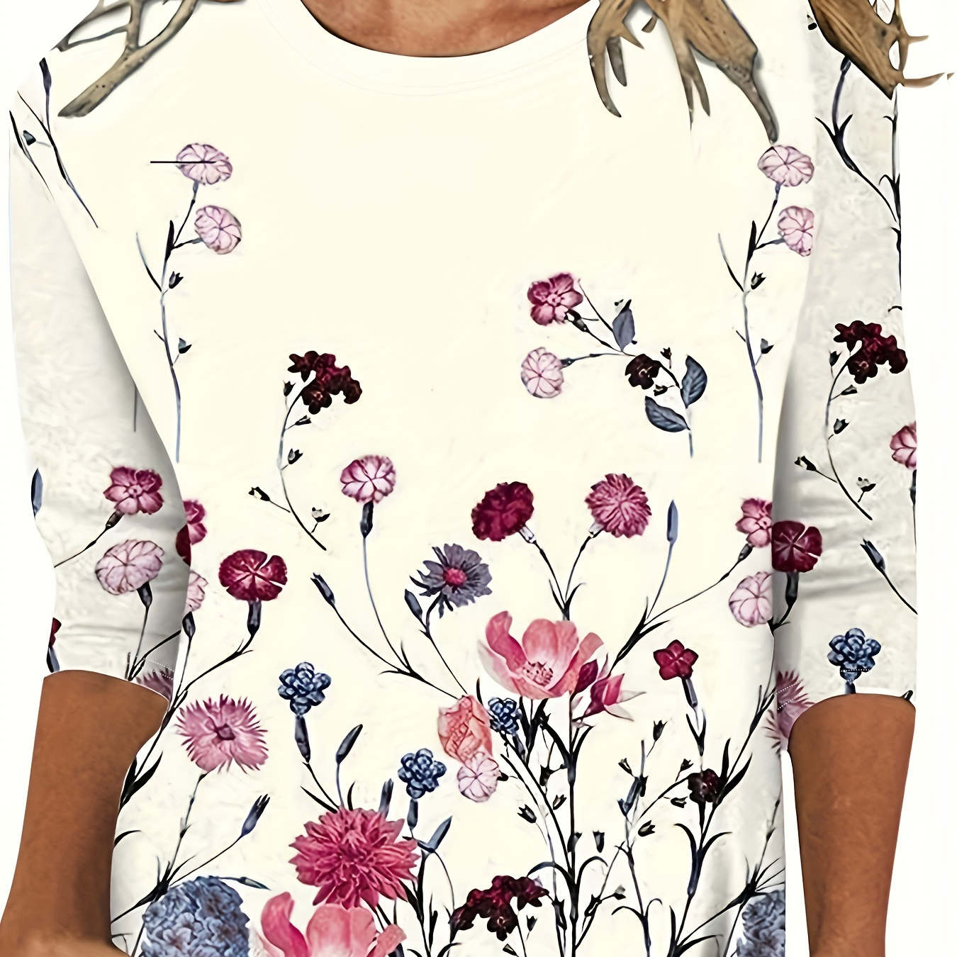 

Floral Print Crew Neck T-shirt, Casual Three-quarter Sleeve T-shirt For Spring & Fall, Women's Clothing