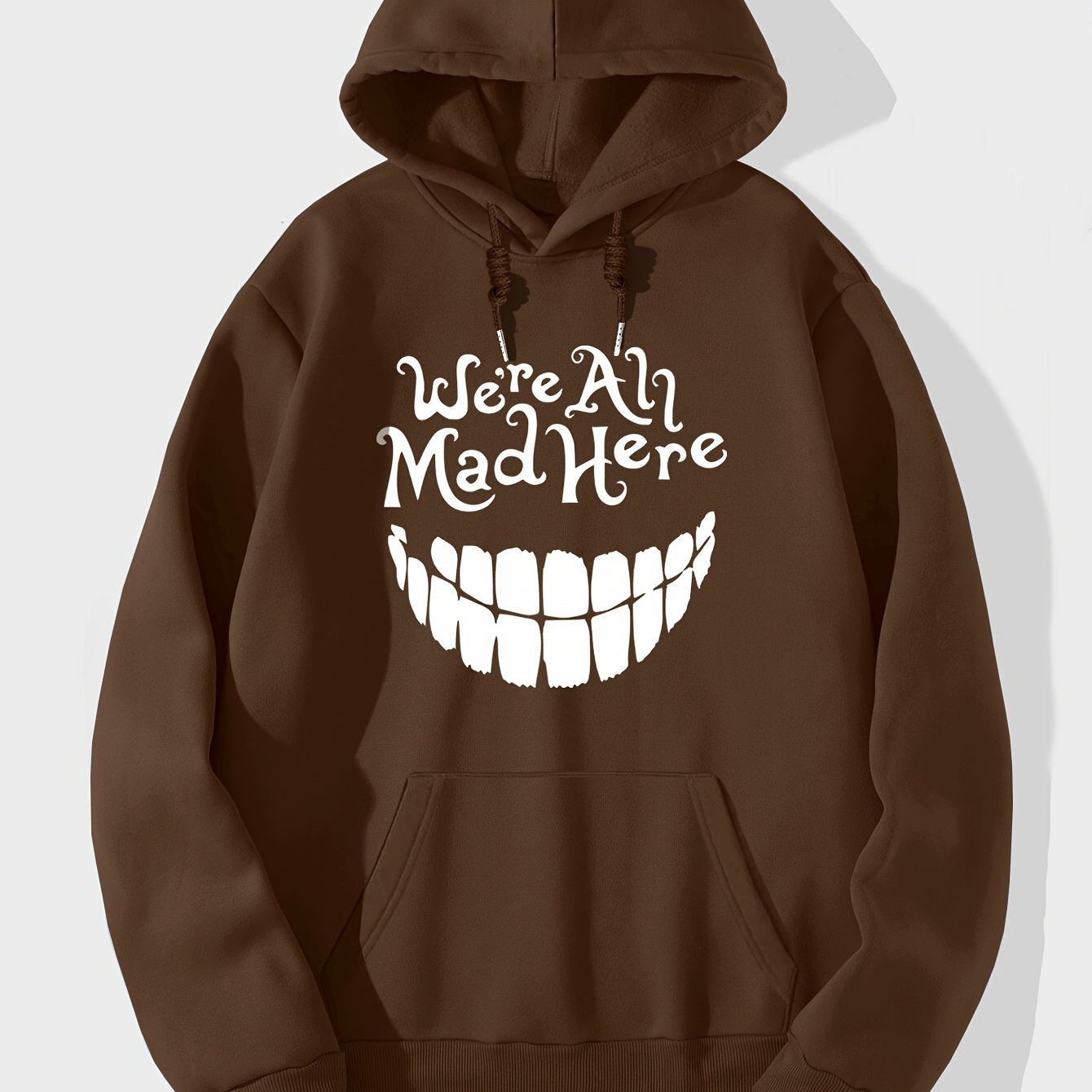 

Men's Letter We Are All Mad Here Print Hoodie, Casual Loose Long Sleeve Slightly Stretch Hooded Pullover Top, Men's Clothings For Outdoor