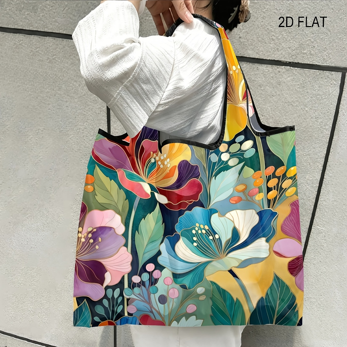 TEMU Borsa tote pieghevole 1 pz a tema con stampa di un vivace bouquet , borsa per riutilizzabile, borsa compatta facile da riporre per e le uscite