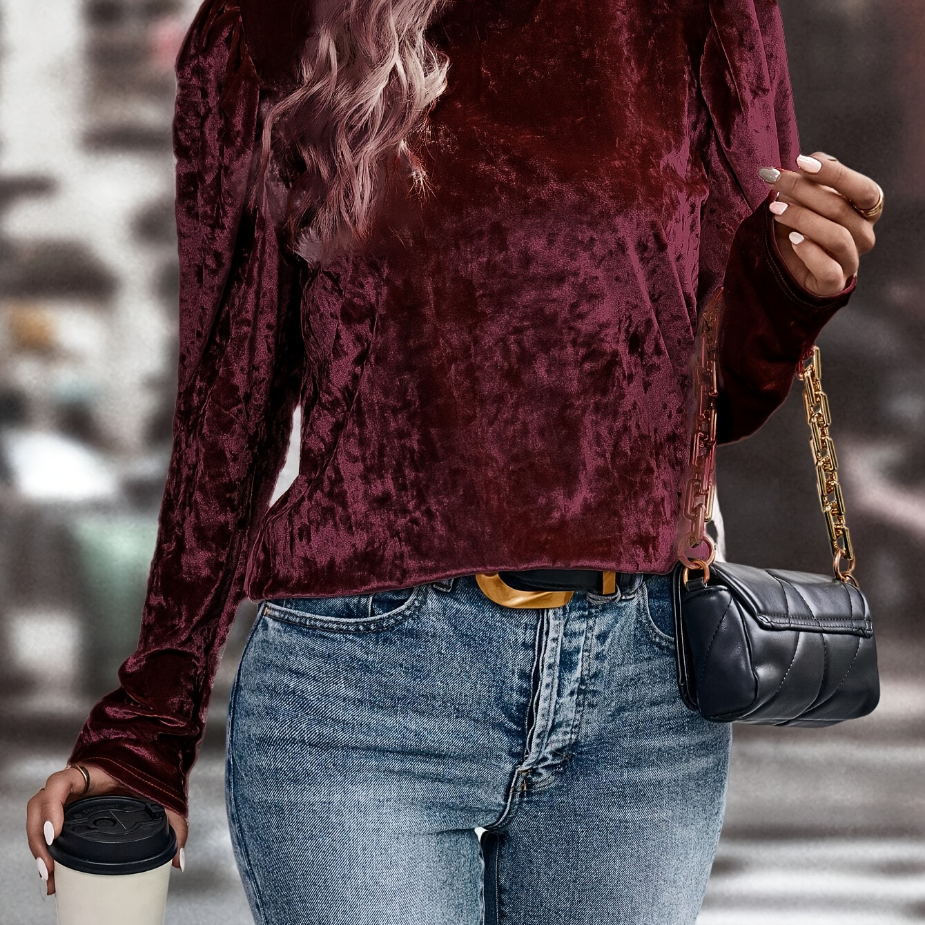 

Elegant Women's Velvet Blouse - Burgundy, Long Sleeve With Chic Sleeves, Mock Neck, Solid Color, Machine Washable - Fashion