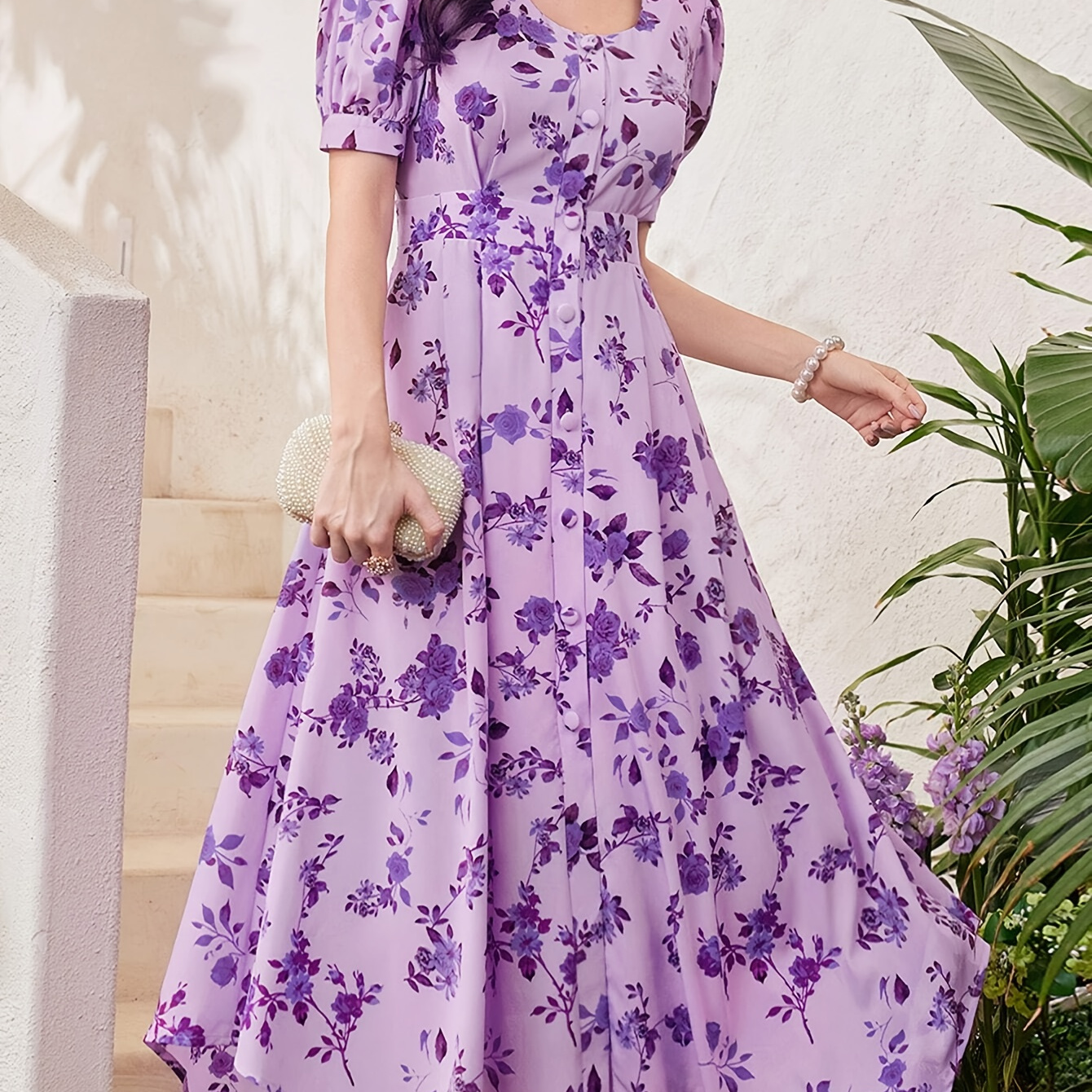 

Robe à imprimé floral avec boutons sur le devant, élégante robe à col rond et manches courtes pour le printemps et l'été, vêtements pour femmes