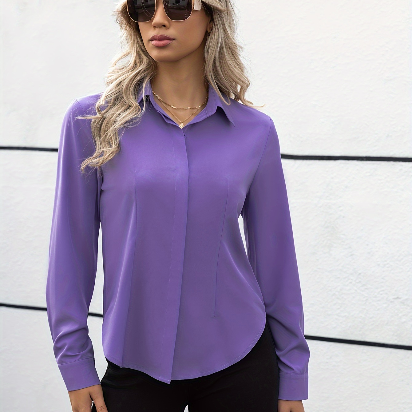 

Solid Color Simple Blouse, Elegant Long Sleeve Blouse For Spring & Fall, Women's Clothing