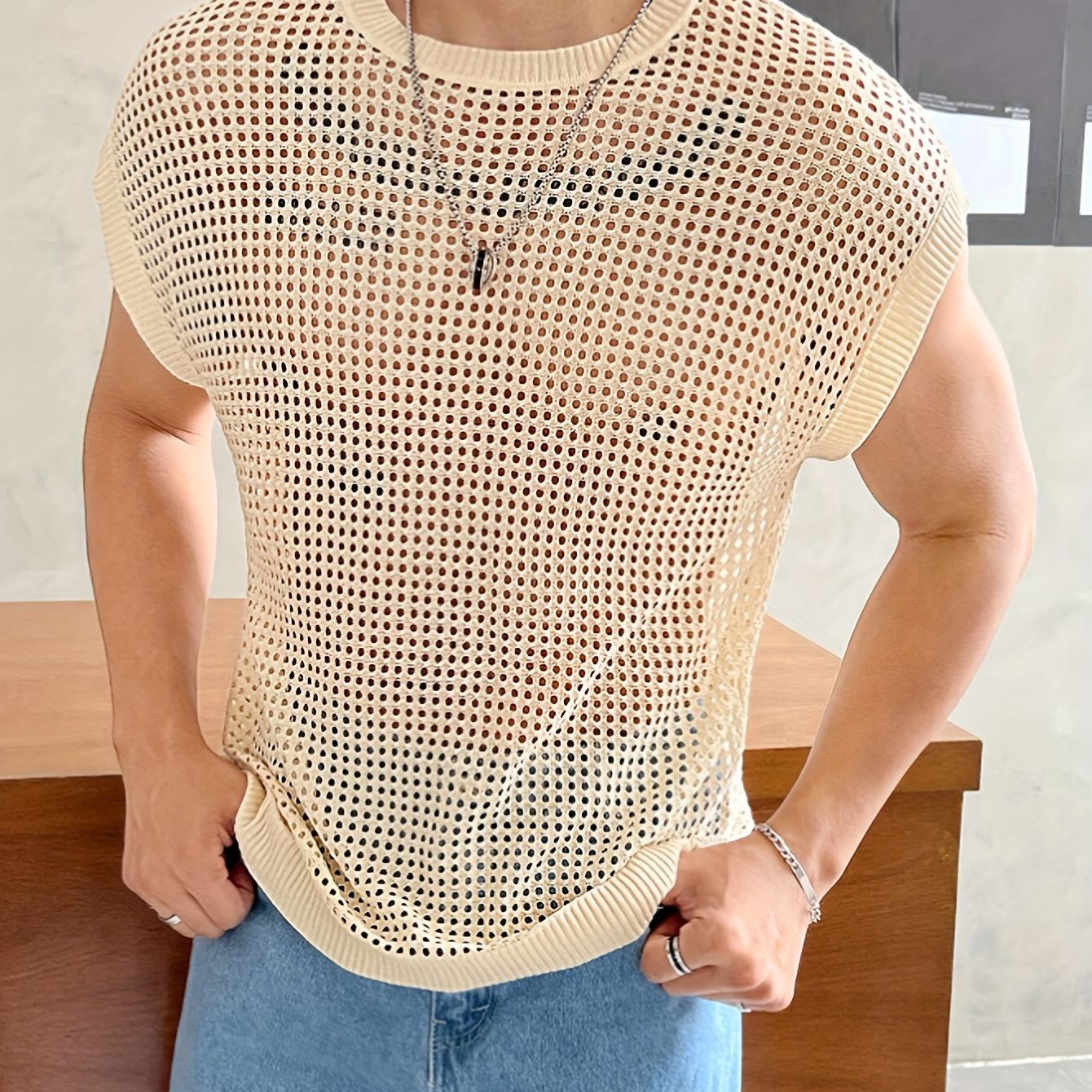 

Men's Fashionable Hollow-out Knit Sweater - Short Sleeve, Round Neck, Breathable Polyester, Sheer For Casual & Semi-formal Wear