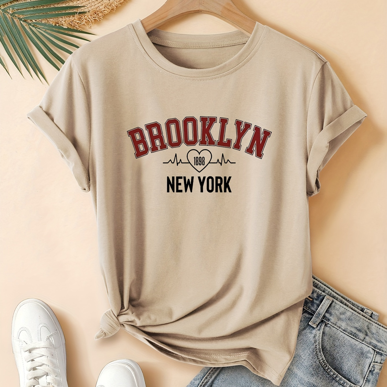 

Women's Casual Vintage Style T-shirt With "brooklyn New York" Print, Short Sleeve, Round Neck, Summer Sports Fashion Top In Apricot