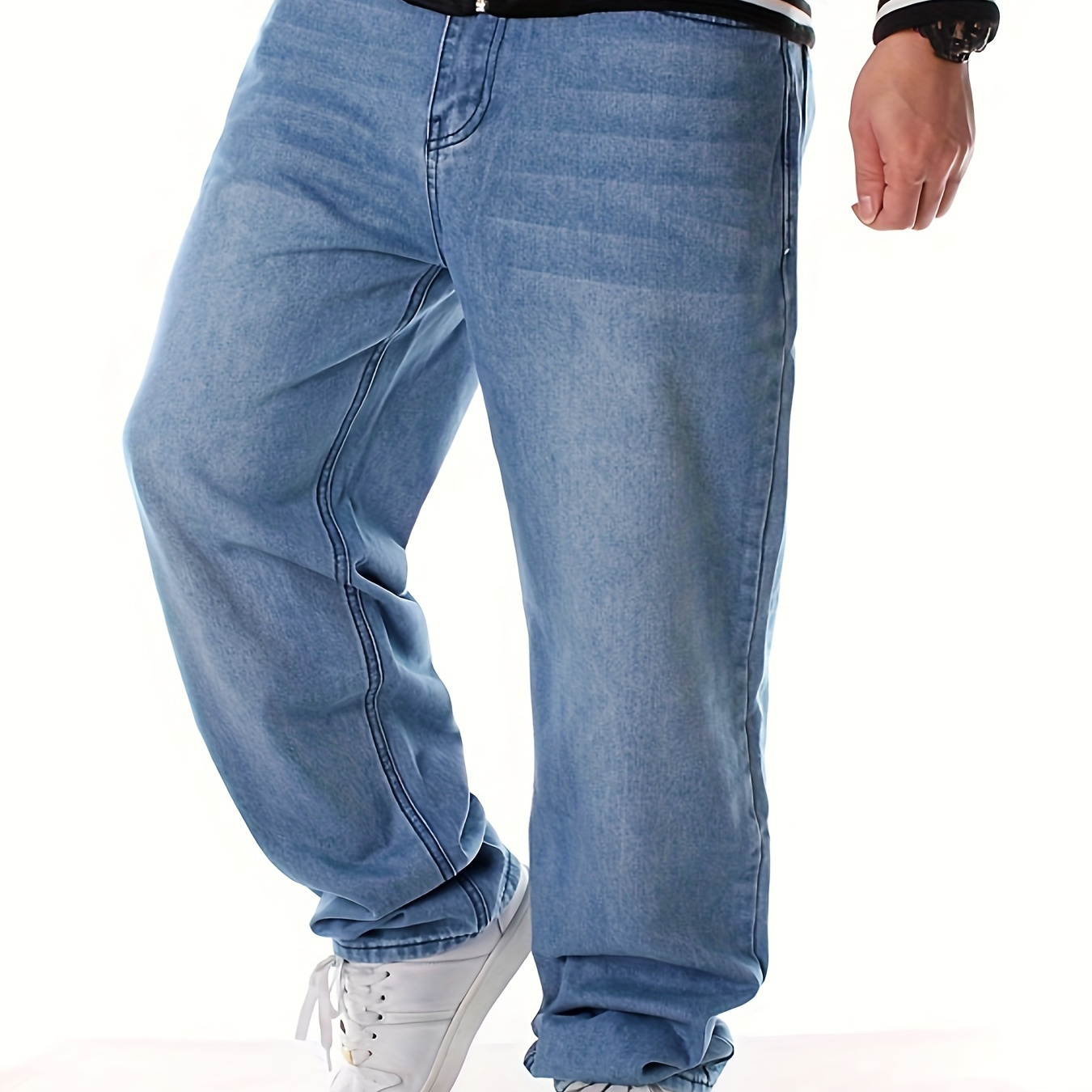 

Men' Blue Straight Leg Jeans, Loose And Casual Trend Hip-hop Street Dance Pants, Skateboard Cycling Sports Jeans