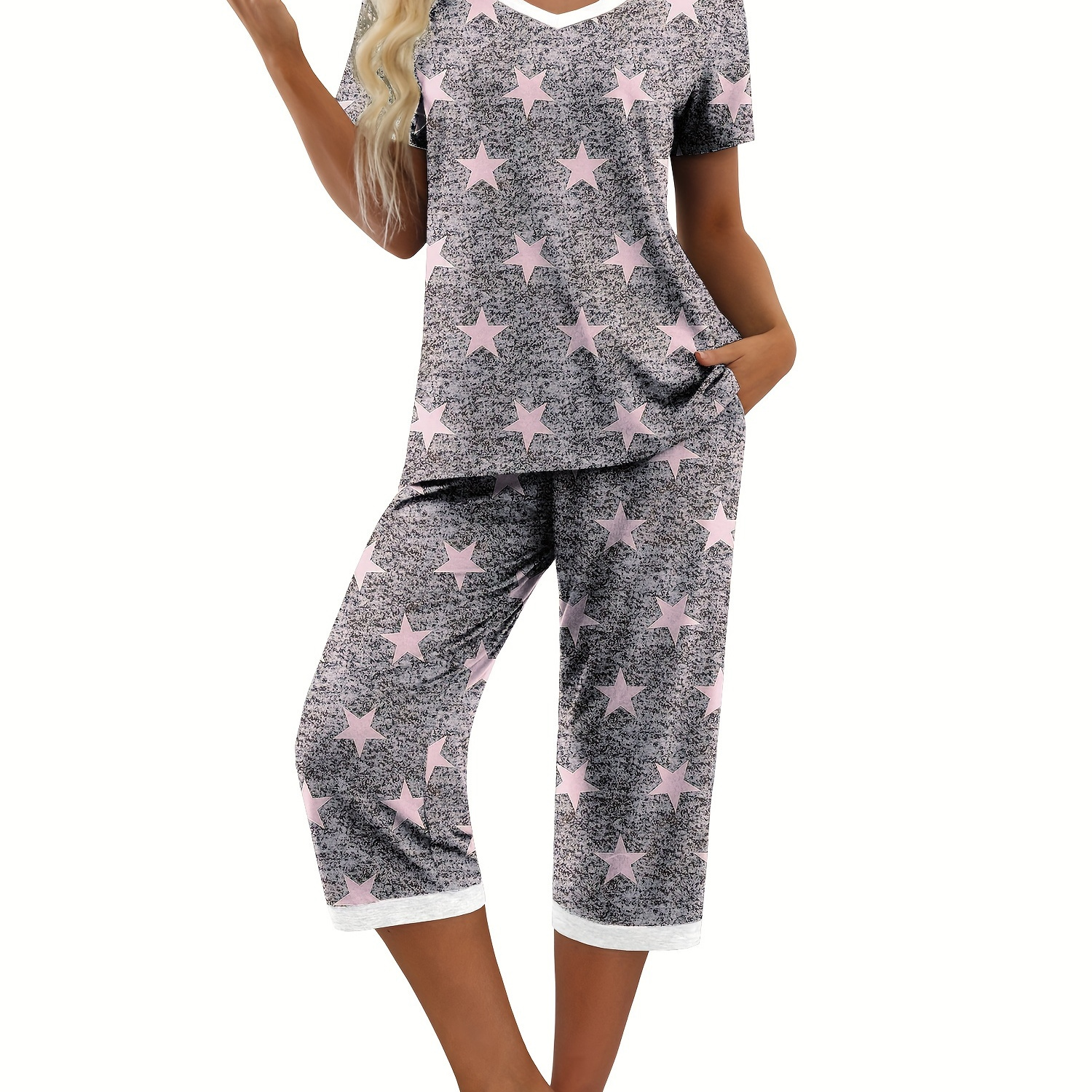 

Women's Star Print Casual Lounge Set, Short Sleeve V Neck Top & Capri Pants, Comfortable Relaxed Fit