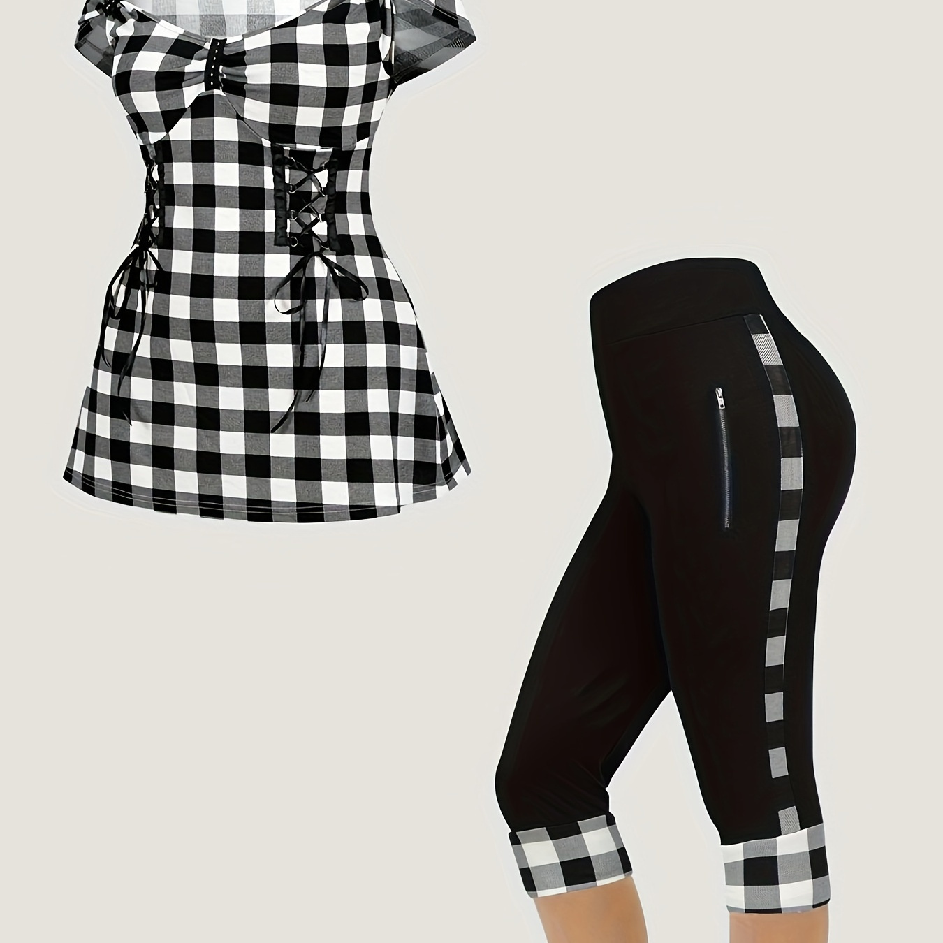 

Plus Size Plaid Print Two-piece Set, V Neck Short Sleeve Top & Leggings Outfits, Women's Plus Size clothing