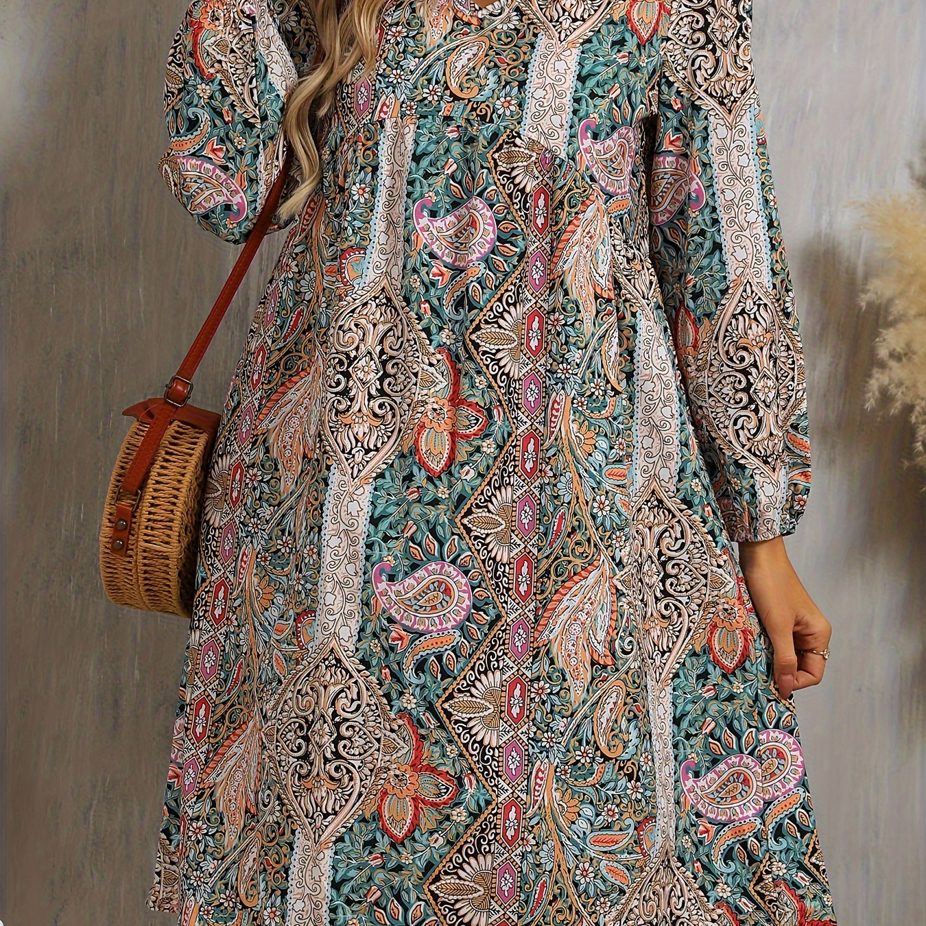 

Paisley Print V-neck Dress, Long Sleeve Dress For Spring & Fall, Women's Clothing