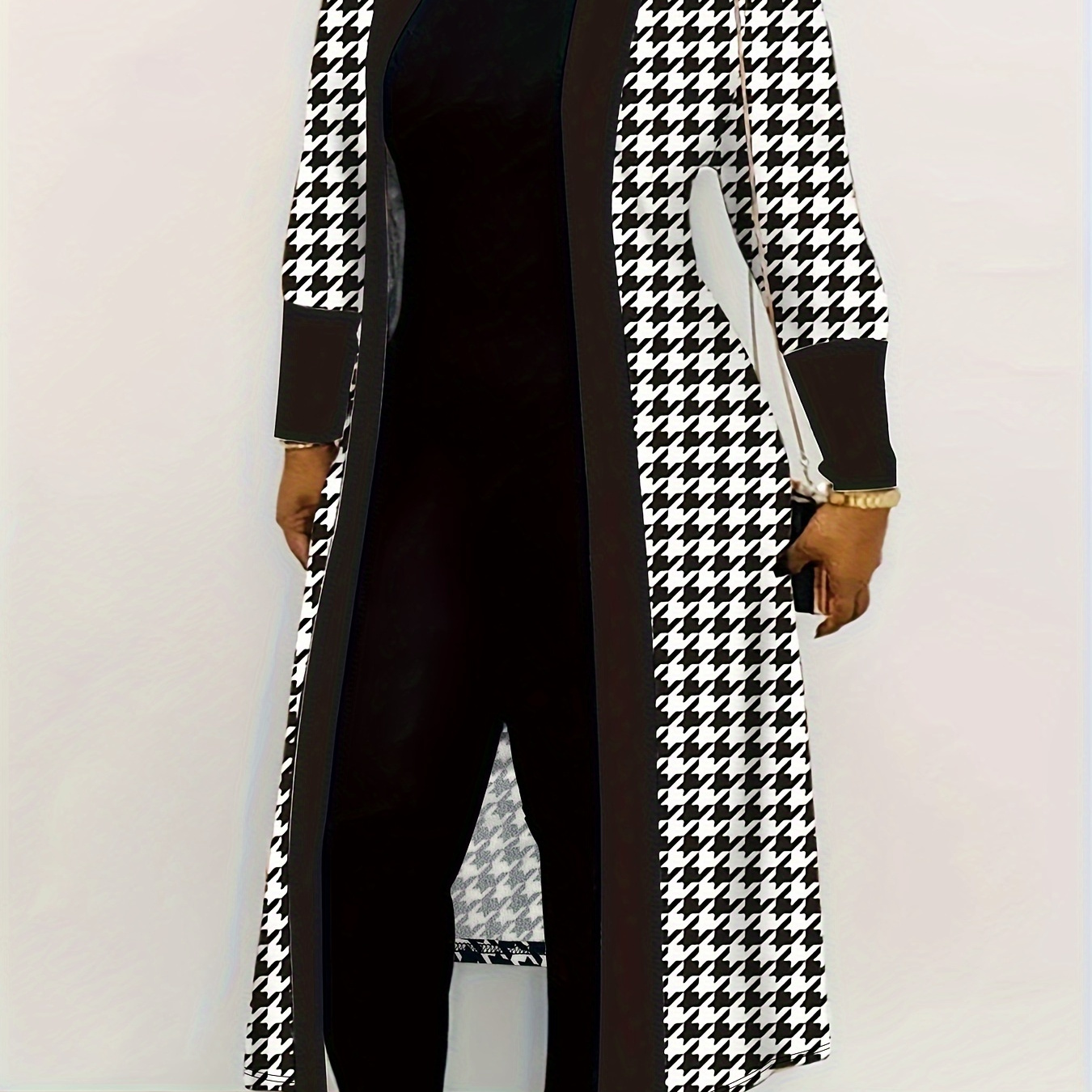 Plus Size Elegant Coat, Women's Plus Houndstooth Print Long Sleeve Open Front Medium Stretch Cardigan Coat