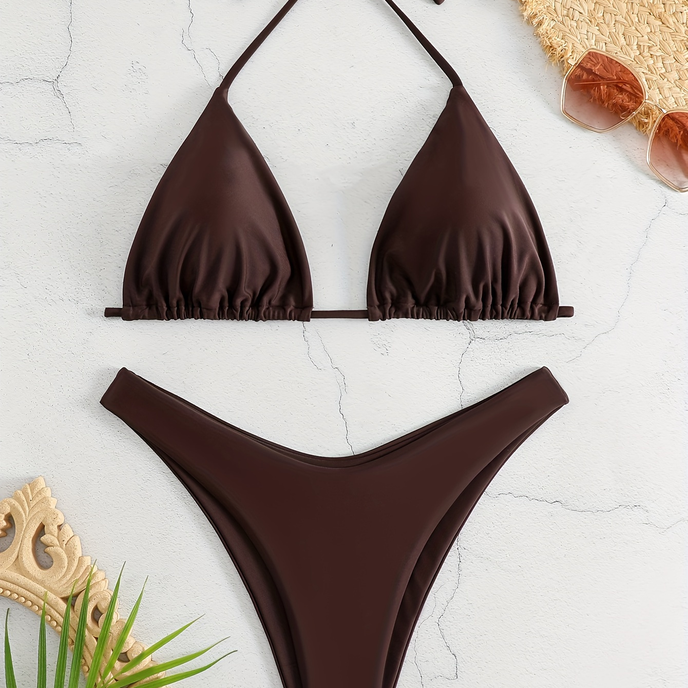 

Solid Color Triangle 2 Piece Set Bikini, Halter V Neck Tie Back Backless High Cut Swimsuits, Women's Swimwear & Clothing
