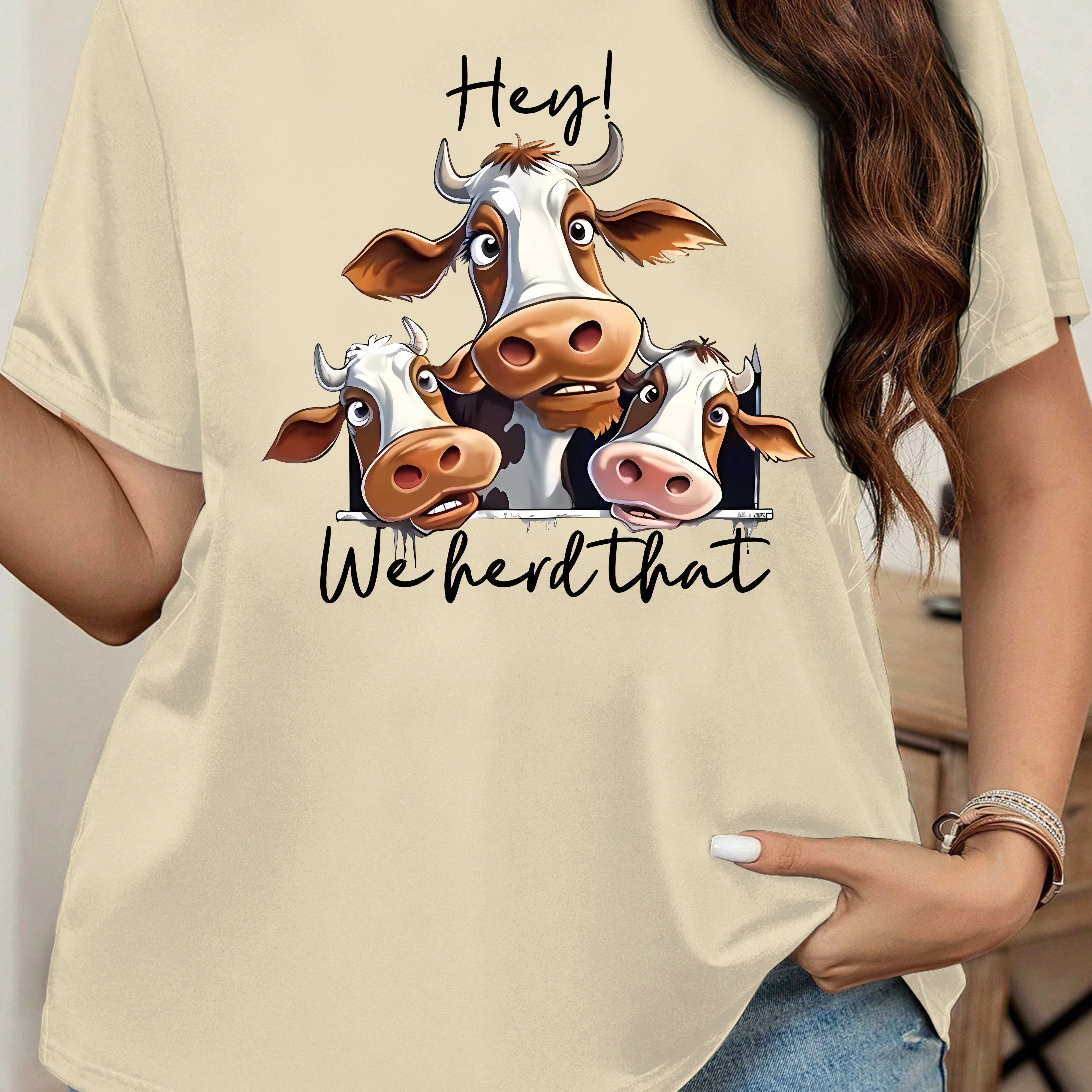 

Size Women's T-shirt With Cow Print - Casual Crew Neck, Short Sleeve Top For Spring/summer/fall - Machine Washable Polyester