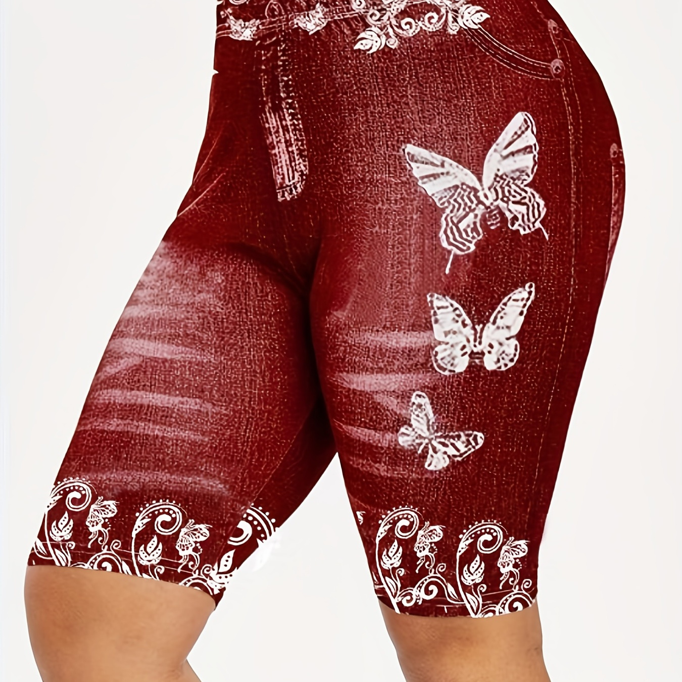 

Butterflies Print Short Leggings, Casual High Waist Elastic Fashion Bottoms Slim Short Leggings, Women's Clothing