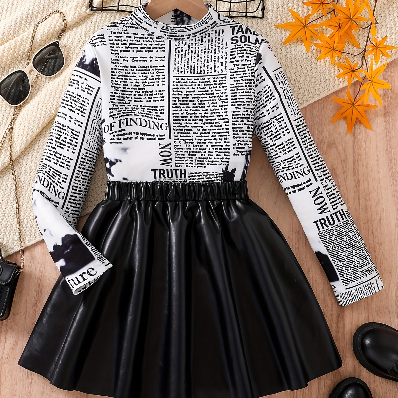 

Chic 2pcs Girls' Outfit Set - Tie-dye Long Sleeve Tee & Faux Leather Skirt With Belt, Machine Washable - Perfect For Spring/fall