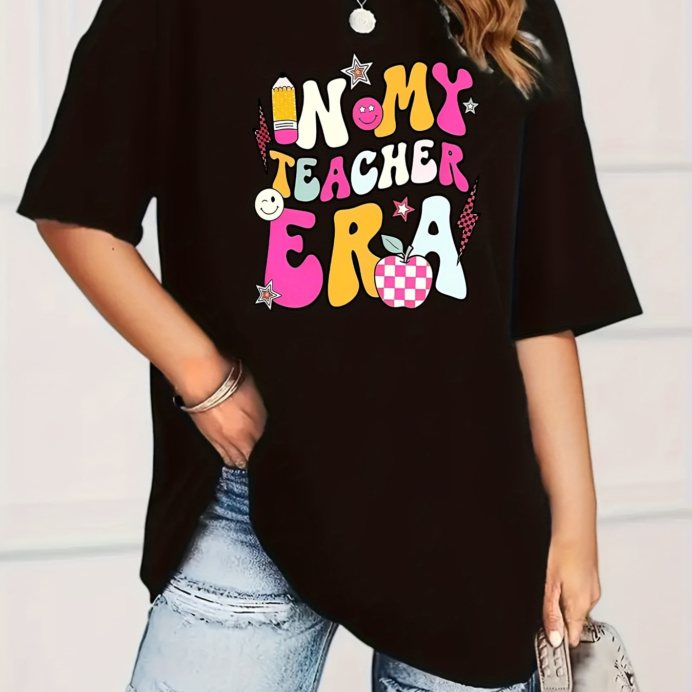 

Women's Fashion Casual Short Sleeve Loose T-shirt, Colorful "in My Teacher Era" Print, Comfortable Relaxed Fit For Everyday Wear
