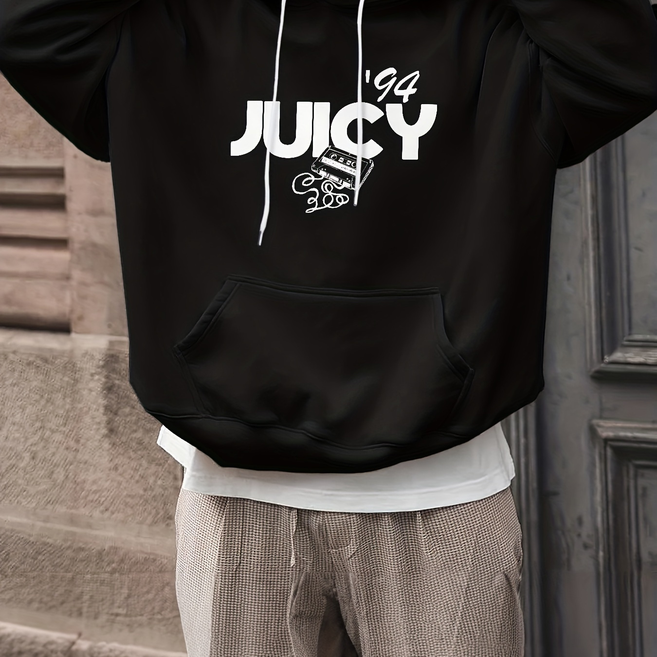 

Men's "juicy" & Tape Print Hooded Sweatshirt For Spring/autumn, Oversized Fashion Outdoor/workout Hoodies For Males, Men's Clothing, Plus Size