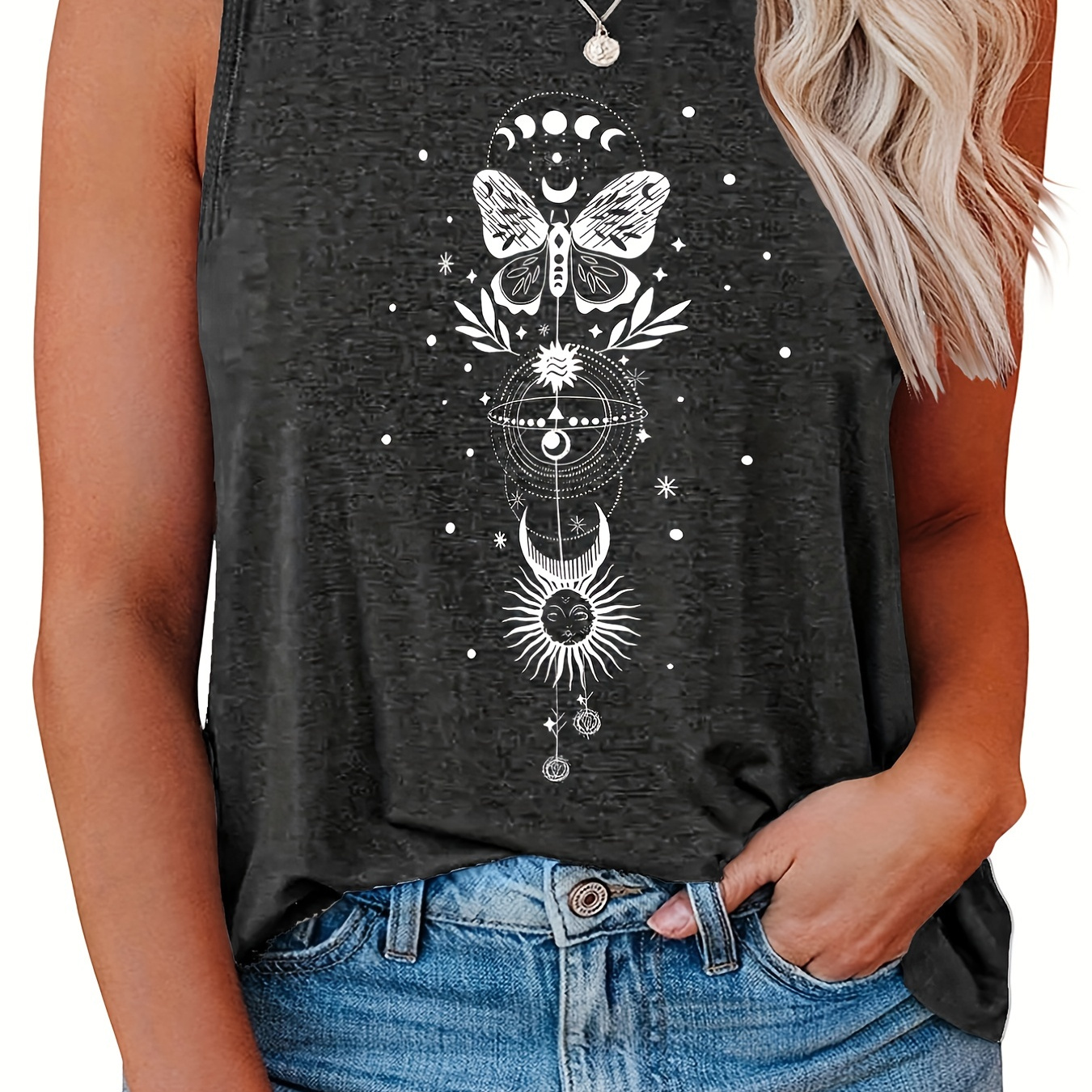 

Plus Size Casual Tank Top, Women's Plus Butterfly & Moon Print Round Neck Slight Stretch Tank Top