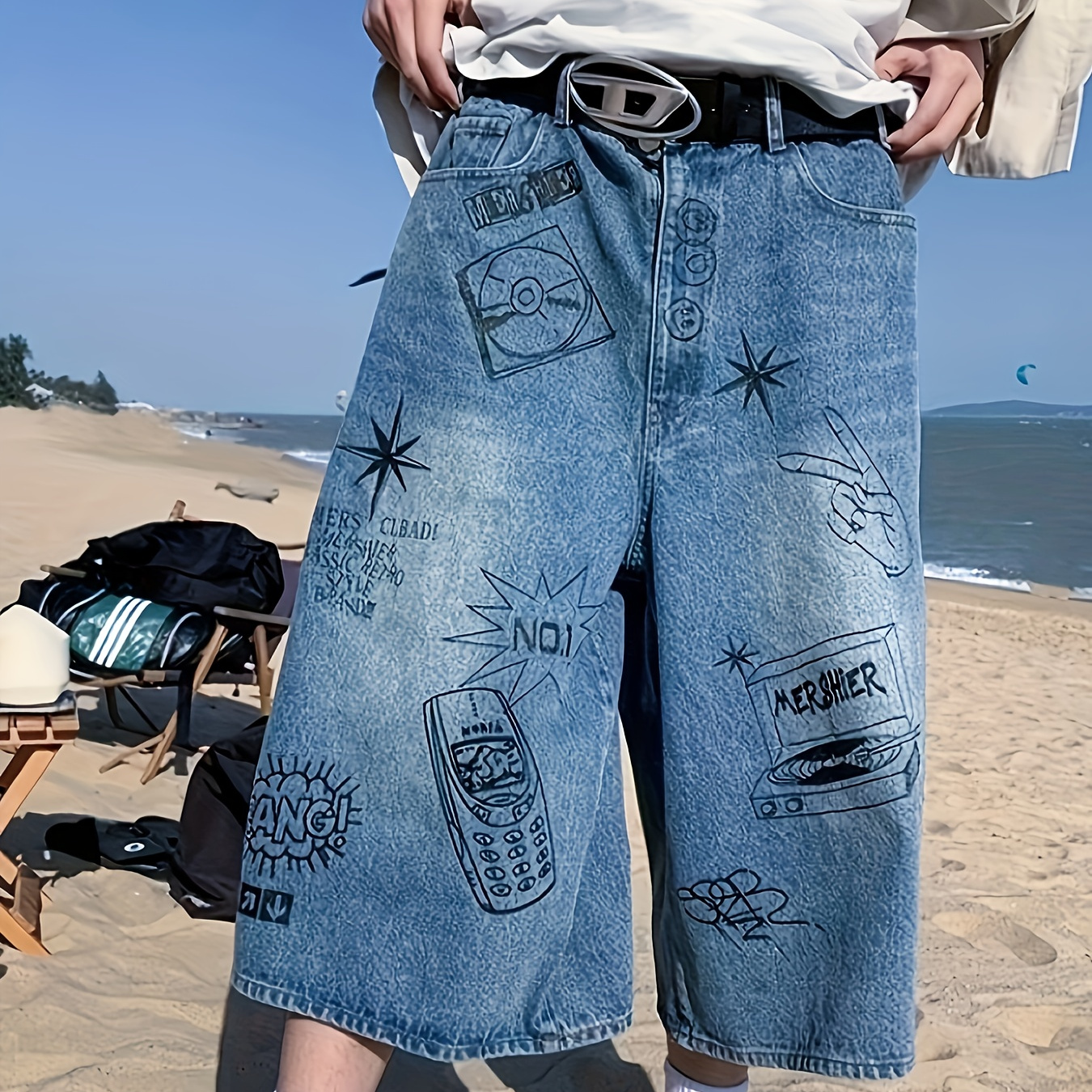 

Men's Loose Graffiti Graphic Print Denim Capris Pants With Pockets, Street Style Cotton Blend Jeans For Outdoor Activities