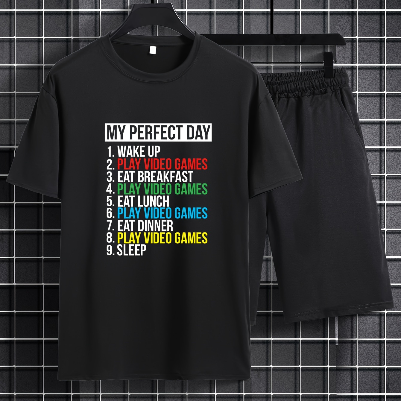 

''my Perfect Day'' Print, Mens 2 Piece Outfits, Comfy Short Sleeve T-shirt And Casual Drawstring Shorts Set For Summer, Men's Clothing