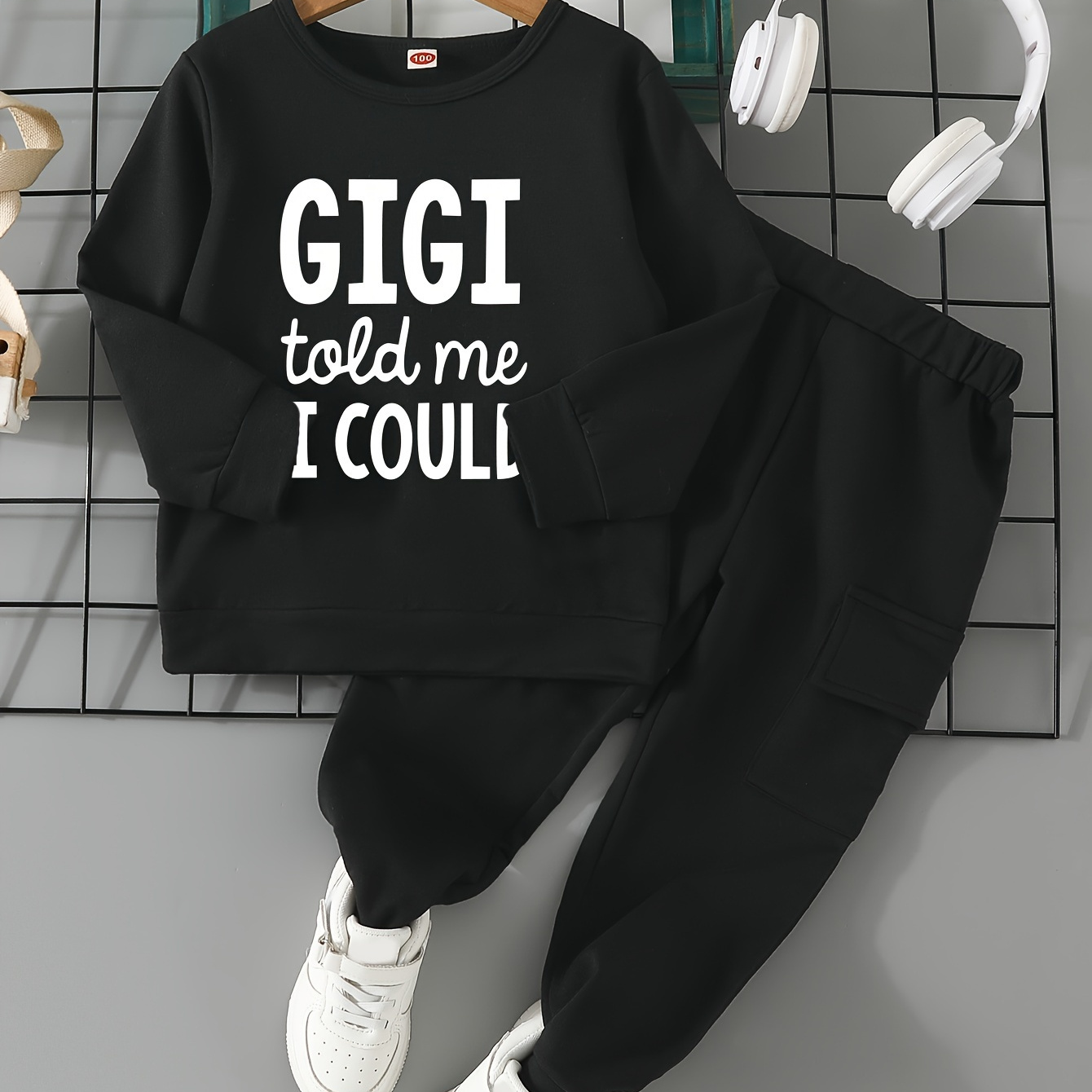 

2pcs "gigi Told Me I Could" Print Crew Neck Outfit For Boys, Sweatshirt & Trendy Cargo Pants Set, Kid's Clothes For Fall Winter, As Gift