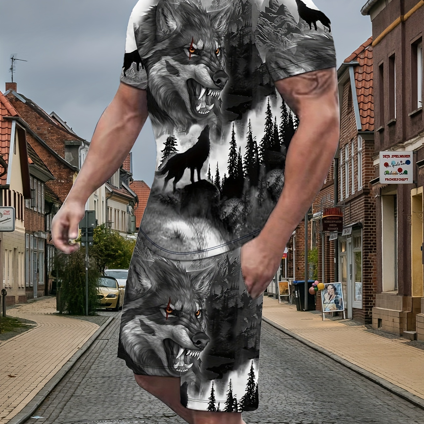 

Men's Outfit, Wolf Pattern Casual Crew Neck Short Sleeve T-shirt & Shorts 2-piece Set For Summer Outdoor Activities