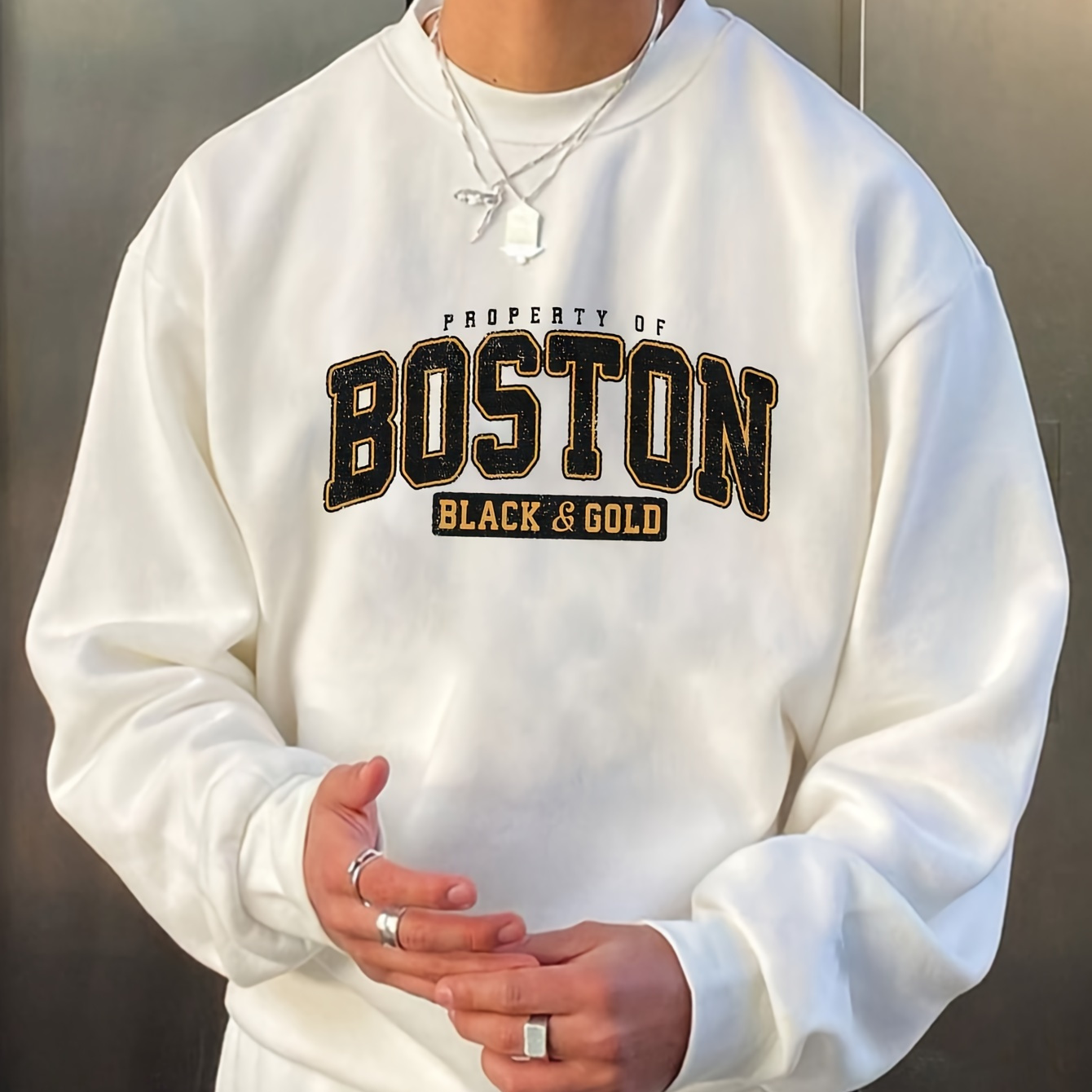 

Boston Print Fashionable Men's Casual Long Sleeve Crew Neck Pullover Sweatshirt, Suitable For Outdoor Sports, For Autumn Spring, Can Be Paired With Hip-hop Necklace, As Gifts
