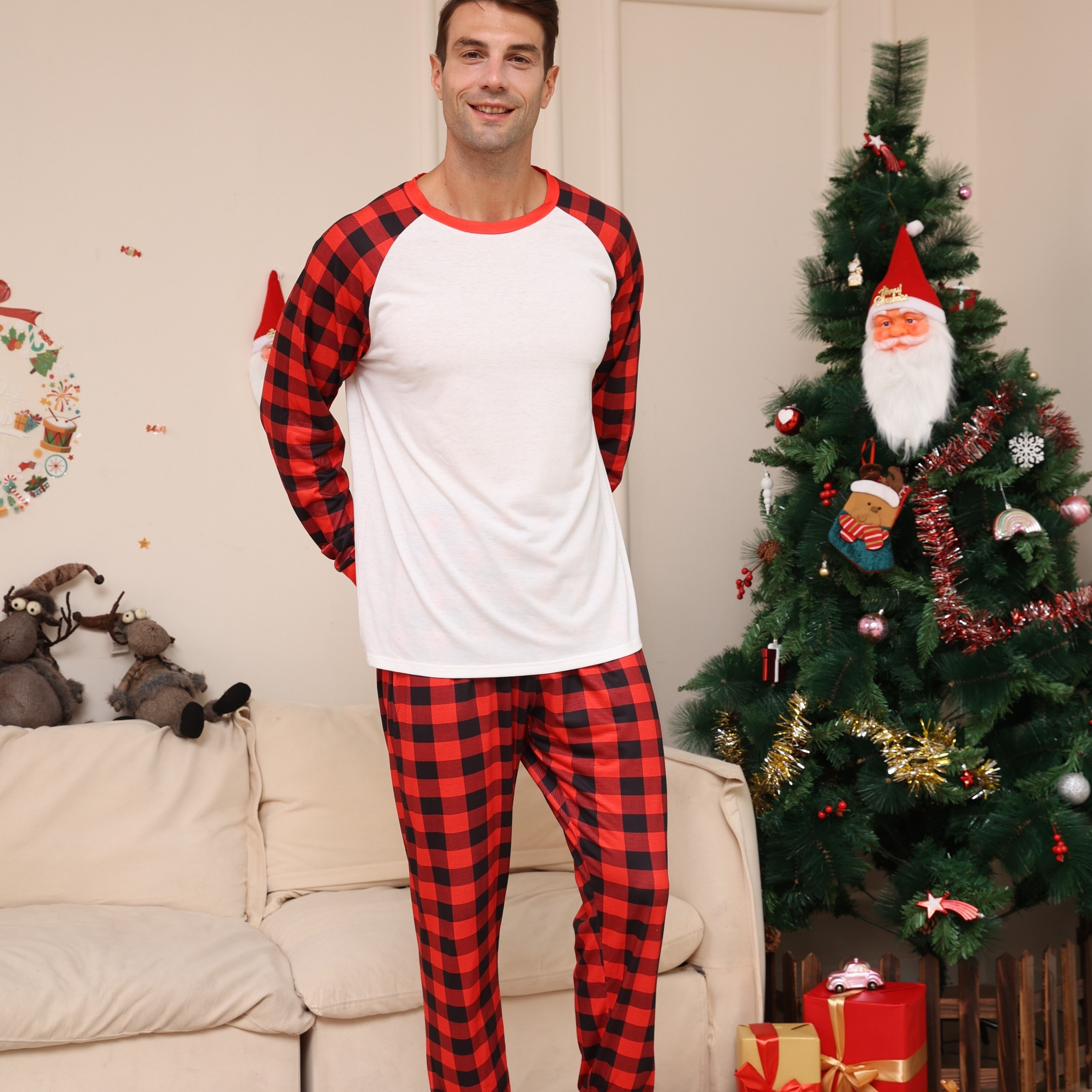 Men's Casual Comfy Christmas Home Pajamas Set, Long Sleeve Crew Neck  Sweatshirt & Plaid Loose Pants, Men's Outdoor Clothing