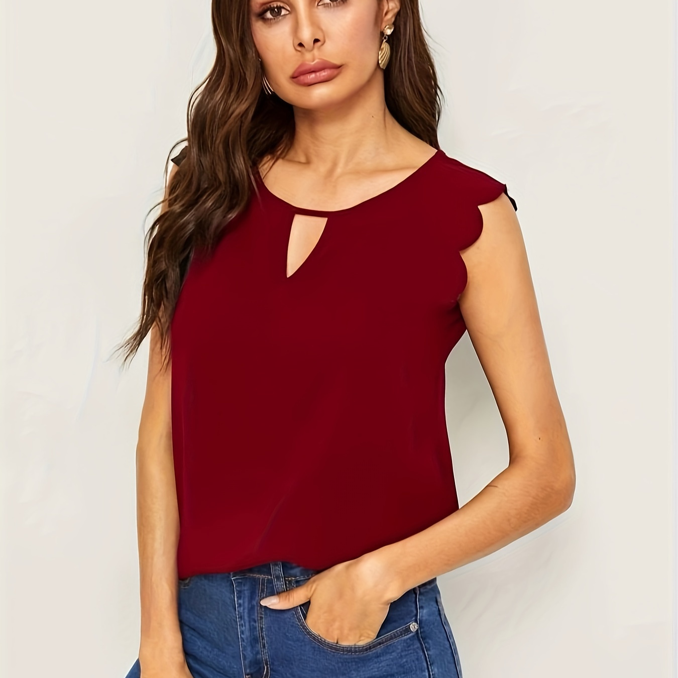

Solid Color Keyhole Blouse, Elegant Scallop Trim Sleeveless Top For Spring & Summer, Women's Clothing