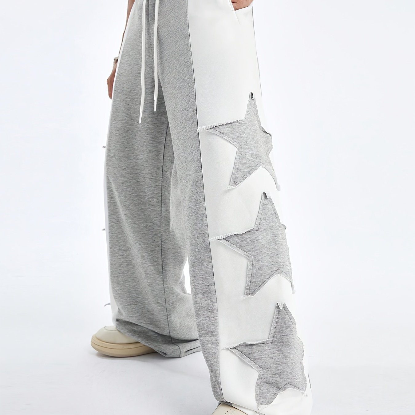 

Star Pattern Trousers, High Casual Loose Sports Pants With Stitching Detail, Machine Washable Polyester, Daily, Polyester