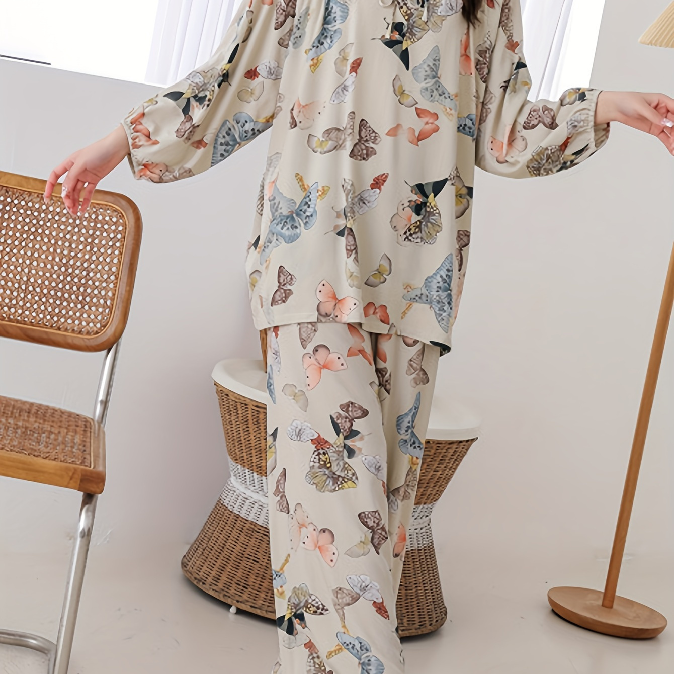 

Women's Colorful Butterfly Print Elegant Loose Fit Pajama Set, Front Lace Up Lantern Sleeve Round Neck Tunic Top & Pants, Comfortable Relaxed Fit For Fall