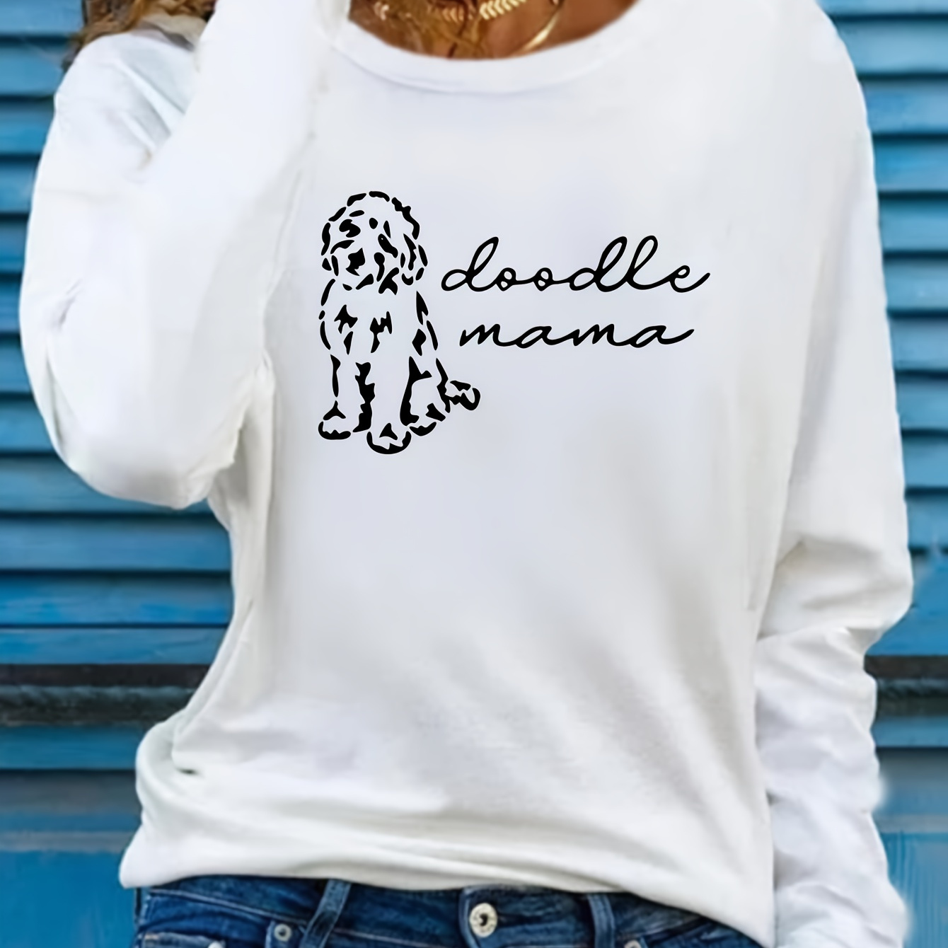 

Women's Casual Crew Neck Long Sleeve Applique Sweater With 'doodle Mama' Print, 100% Polyester Knit Fabric, Regular Length - Fall Season Style