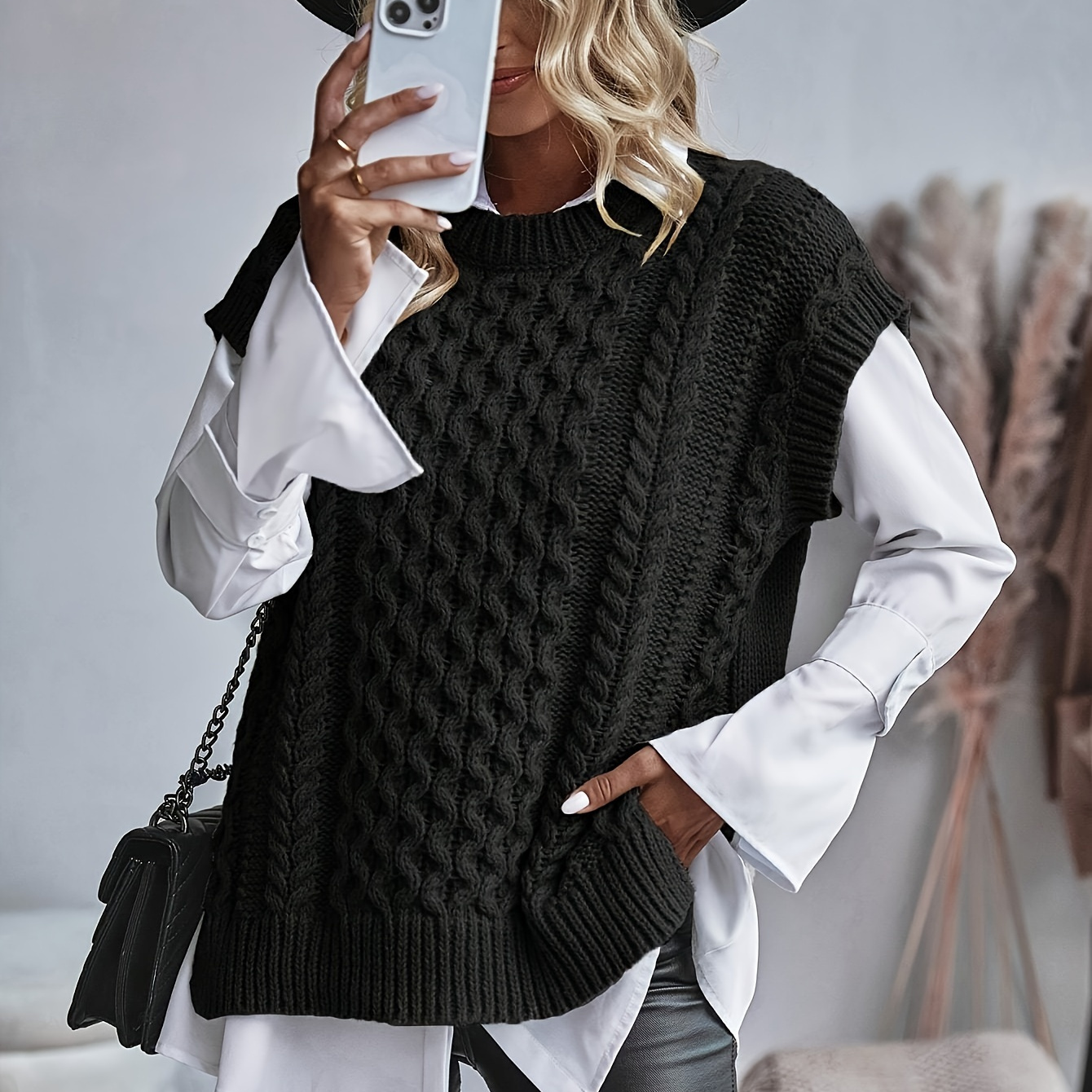 

Women's Cable Knit Vest, Casual Round Neck Sleeveless Pullover, Polyester, Solid Color, Split Detail, Autumn/, Knitted Sweater Cardigan For Layering