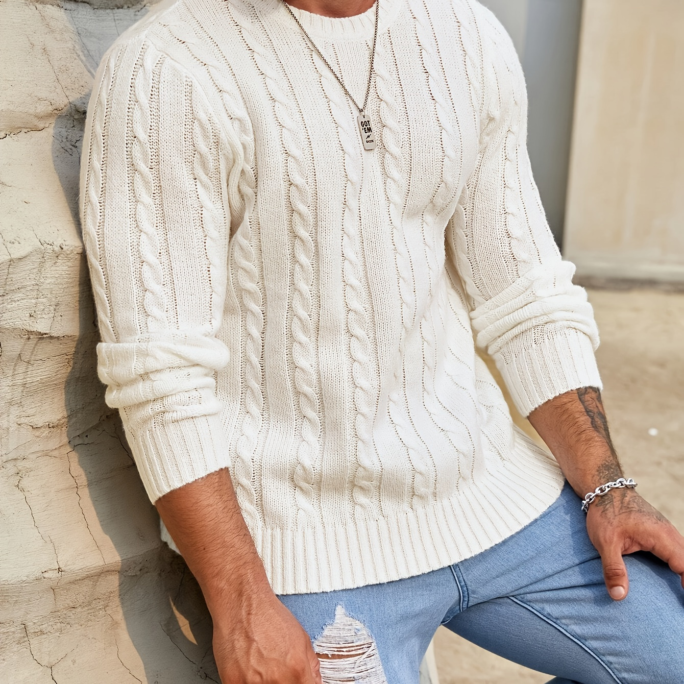 

Men's Solid Striped Knitted Pullover, Casual Long Sleeve Crew Neck Sweater For Fall Winter