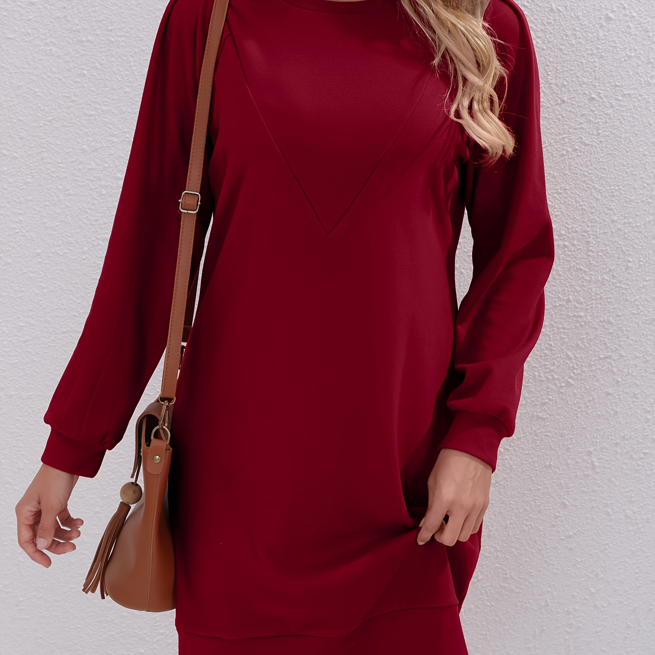 

1pc Women's Casual Crew Neck Tunic Dress - Solid Color Polyester Knit Long Sleeve Midi Dress For All