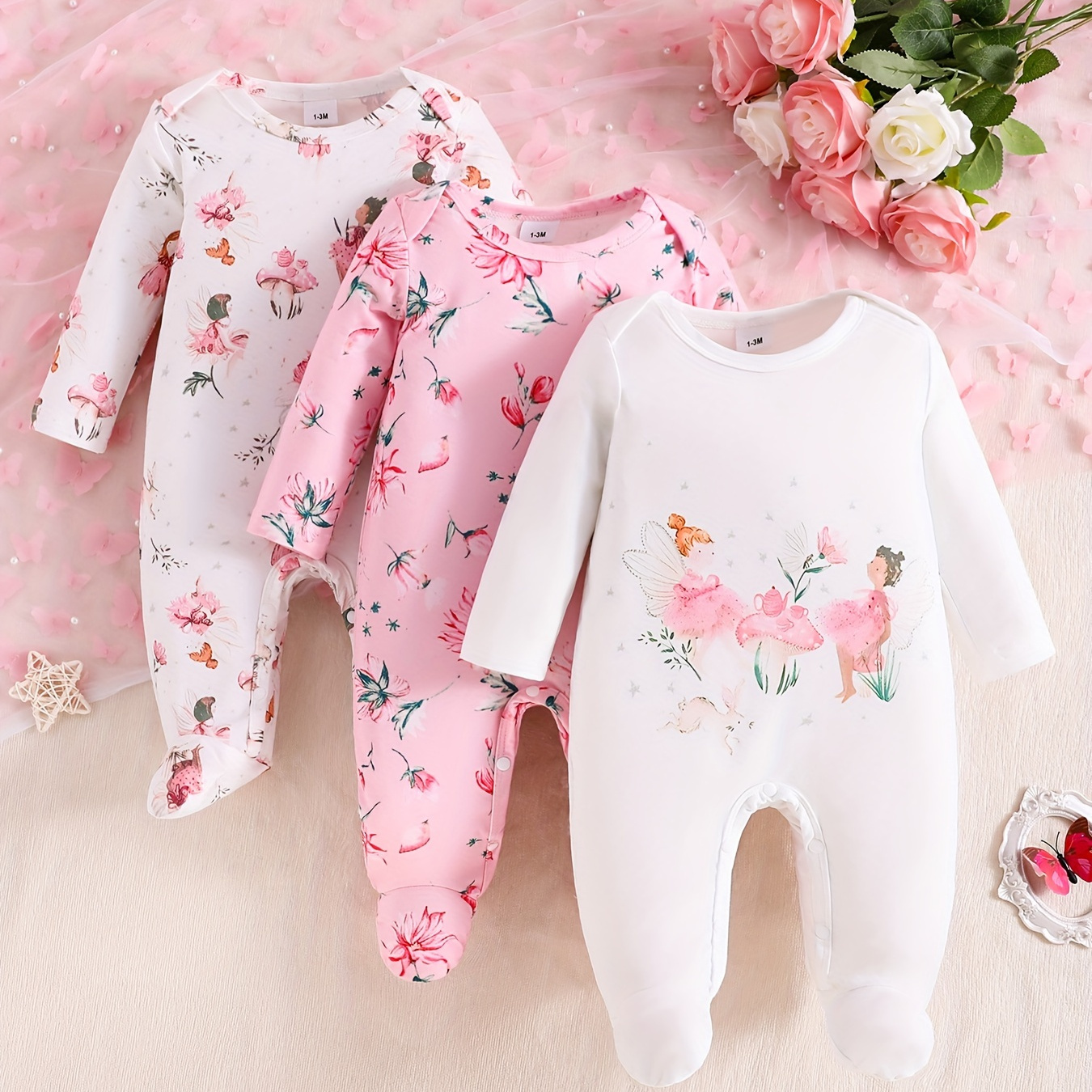 

3pcs Newborn Baby's Flower Pattern Long Sleeve Footie, Toddler & Infant Girl's Comfy Footed Romper