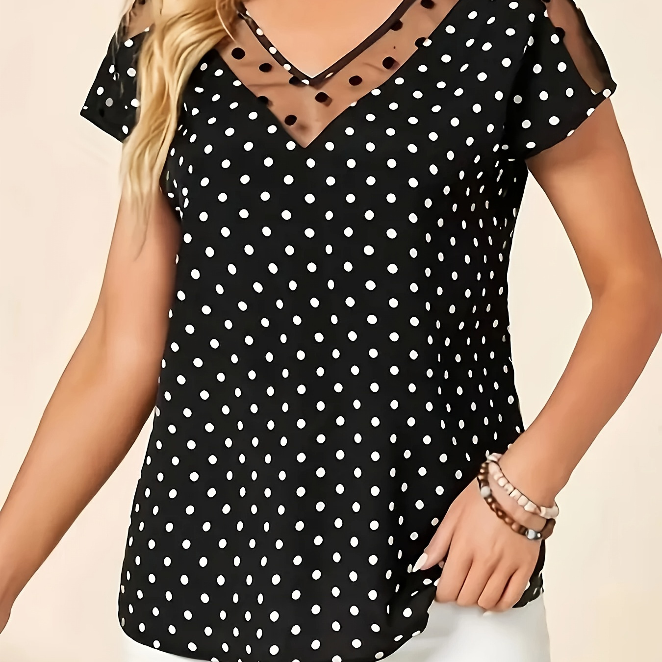 

Polka Dot Contrast Mesh T-shirt, Elegant V Neck Short Sleeve Top For Spring & Summer, Women's Clothing