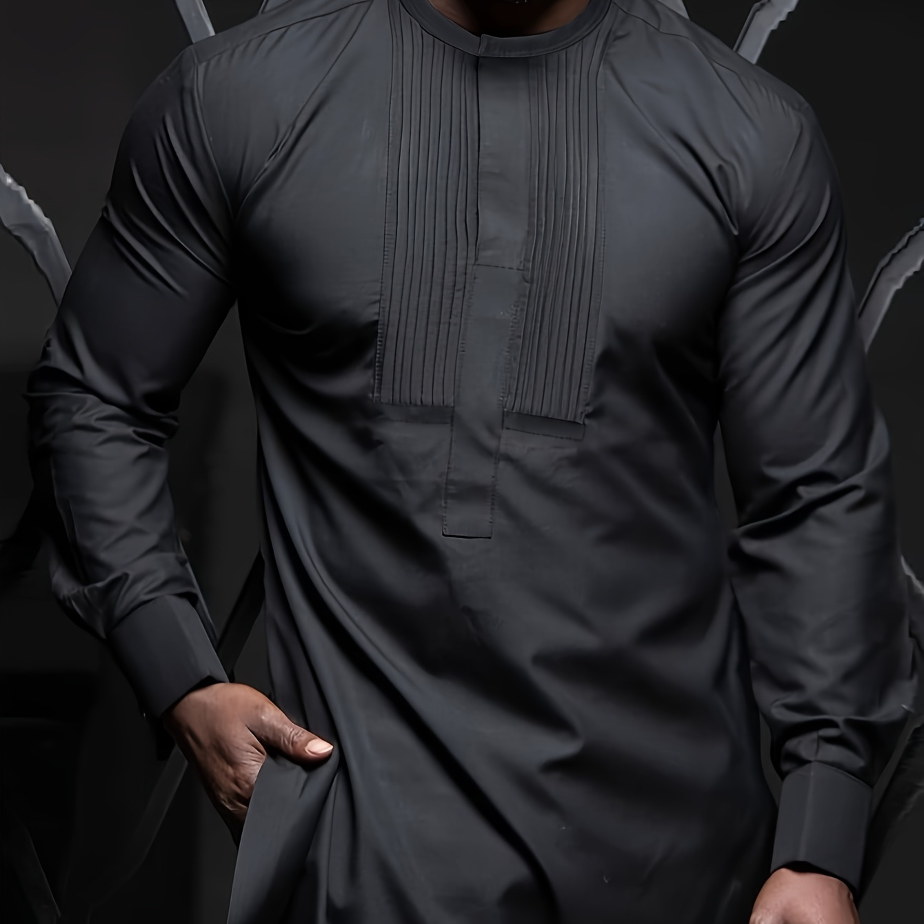 

African Men's Suit, Long-sleeved Top, Round Neck, , Concealed Buttons, Slit Hem, Pants, African Clothing, Men's Casual Shirt And Trousers 2-piece Suit, For All , , Party, Wedding Wear, Black