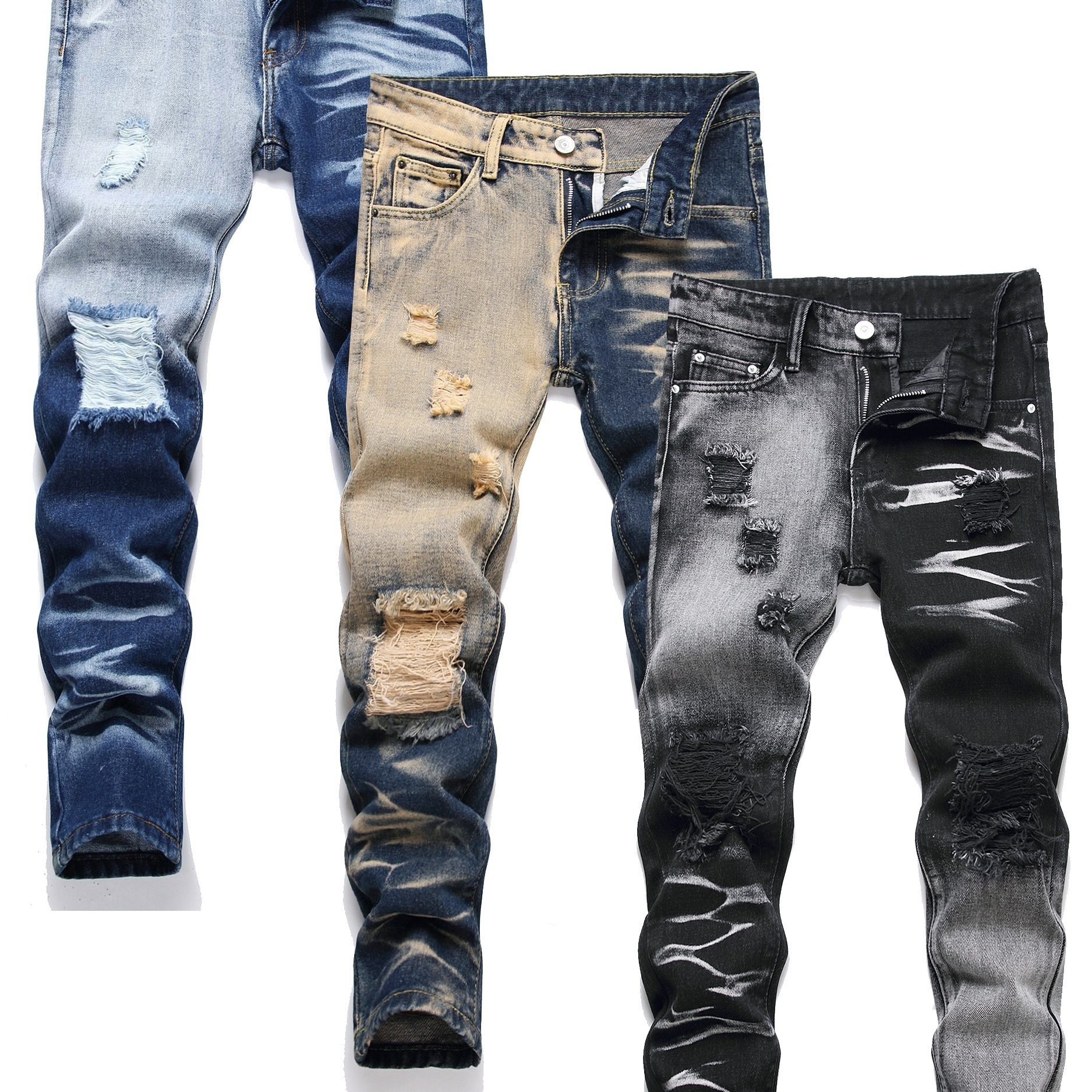 

3pcs Boy's Ripped Distressed Slim Denim Pants - Cool Casual Cotton Jeans All- Outdoor