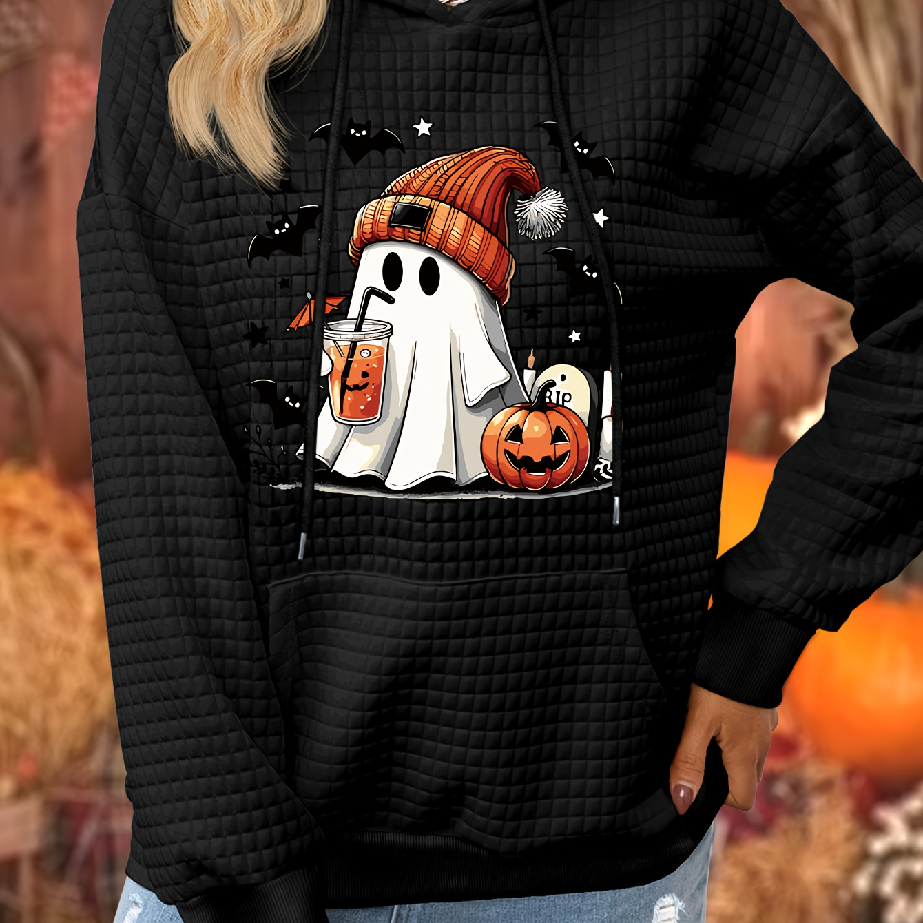 

Women's & Pumpkin Print Waffle-knit Hoodie - Casual Drawstring Pullover With Kangaroo Pocket, Machine Washable - Fall/winter