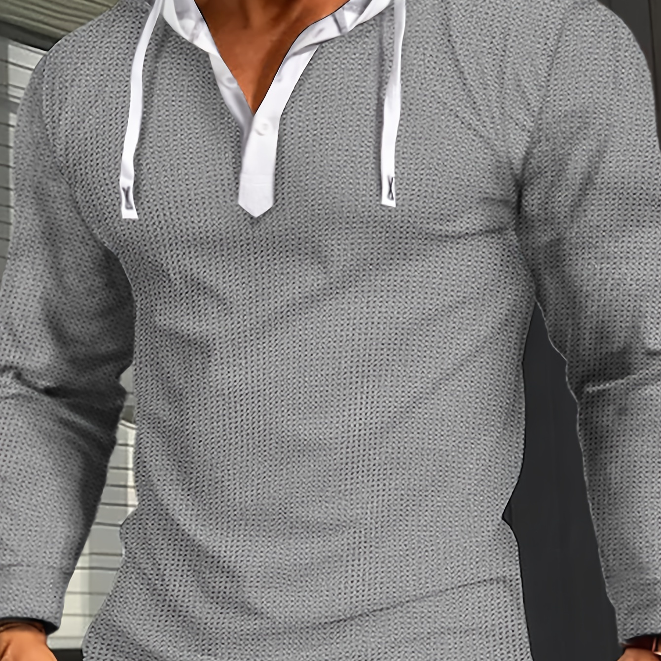 

T-shirt à capuche Henley à manches longues et texture gaufrée pour homme, chemise Henley décontractée à cordons de serrage comme cadeau pour le printemps et l'automne