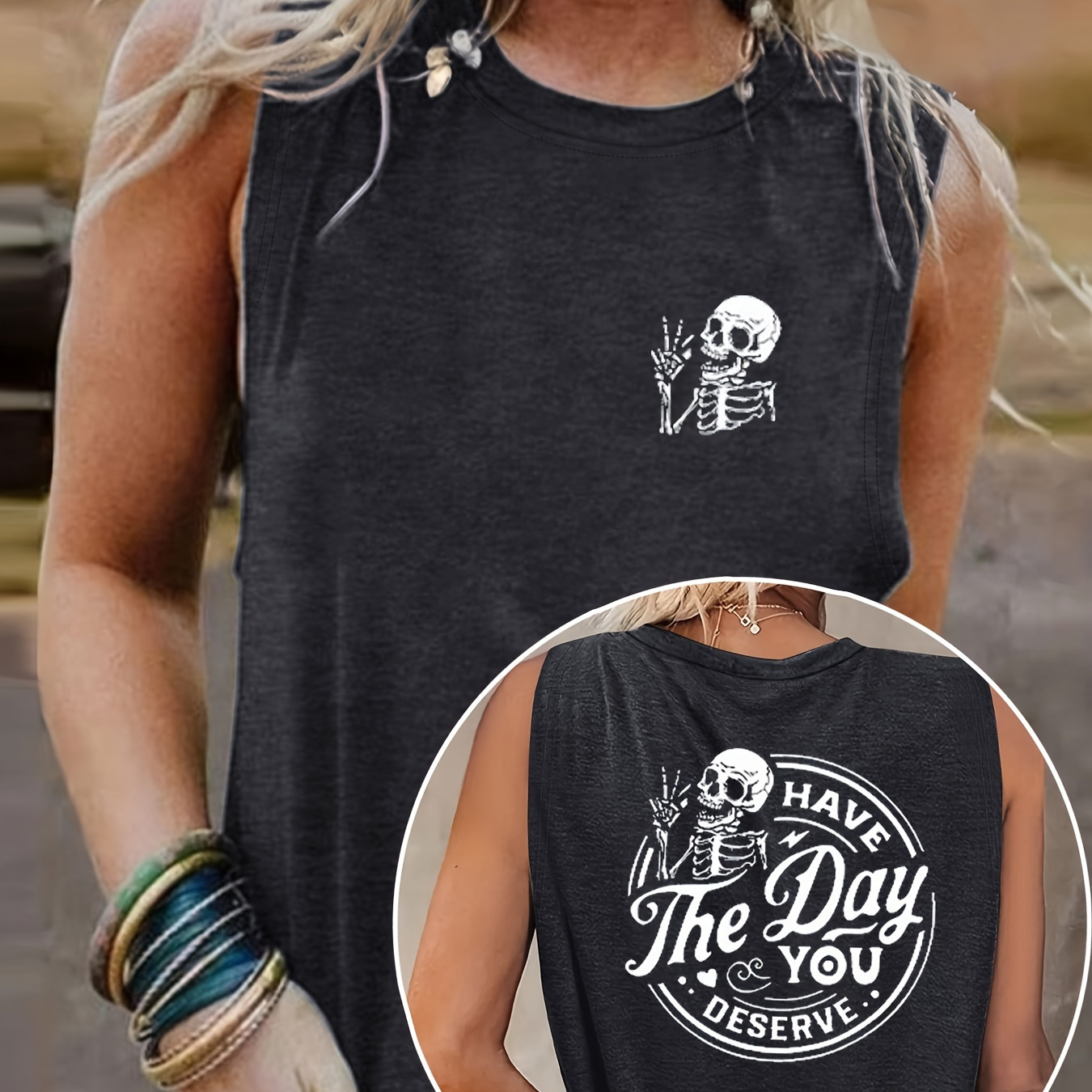 

Skull Print Crew Neck Tank Top, Casual Sleeveless Tank Top For Summer, Women's Clothing