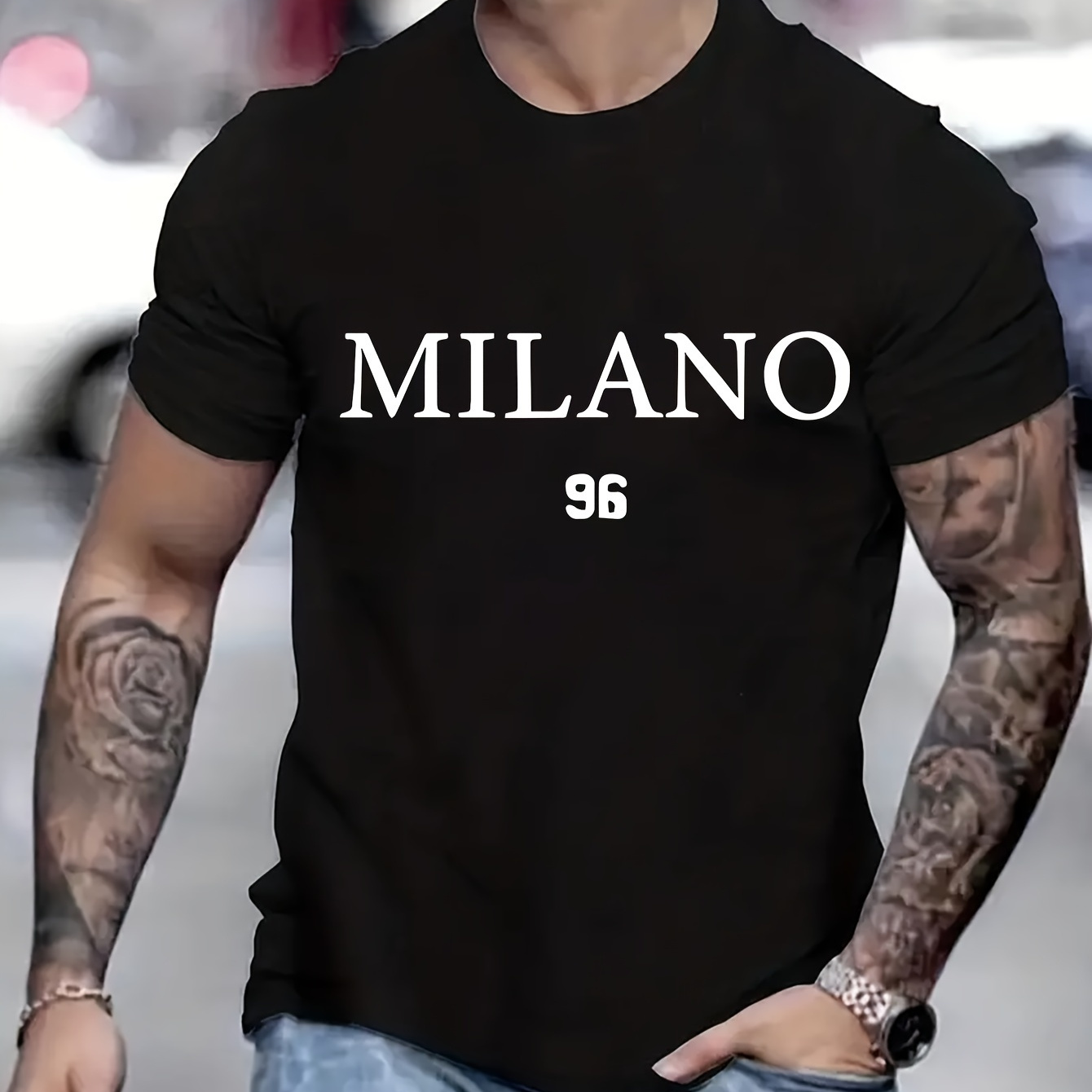

Milan Letter Printed T-shirt Men's Casual Style Summer And Autumn Slightly Elastic Round Neck T-shirt