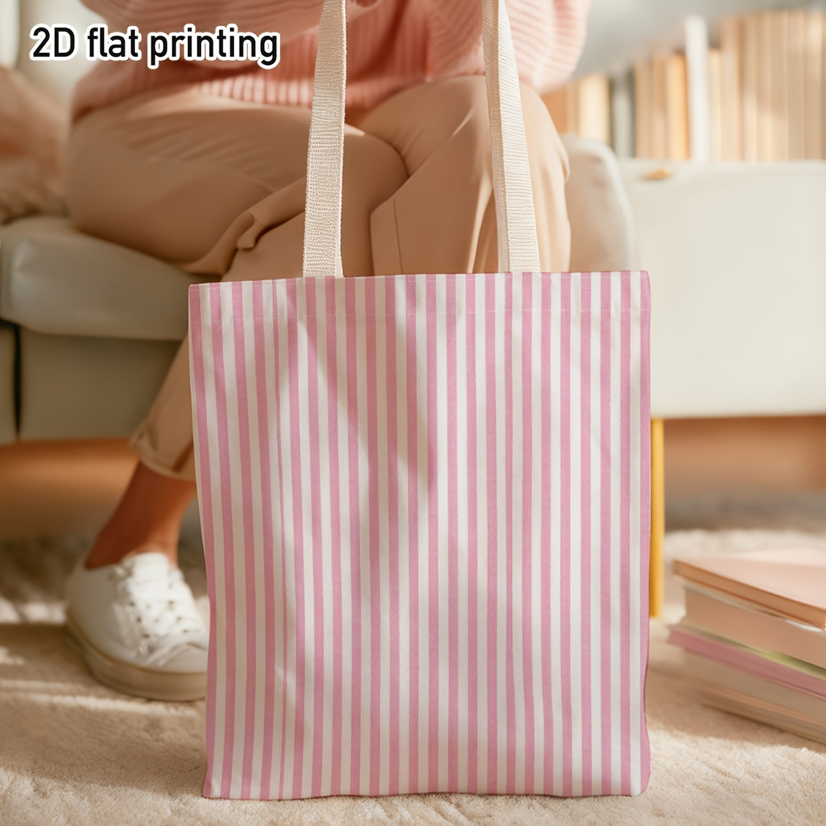 TEMU 2d Flat 1pc Striped Pink And White Vertical Lines Durable Tote Bag, Duplex Prints Classic Striped Pattern With Pastel Hues, Ideal For Grocery