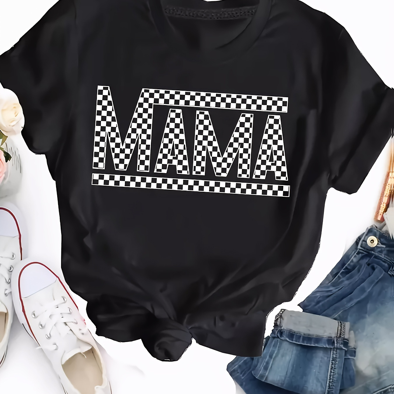 

Plus Size Mama Print T-shirt, Casual Short Sleeve Top For Spring & Summer, Women's Plus Size Clothing